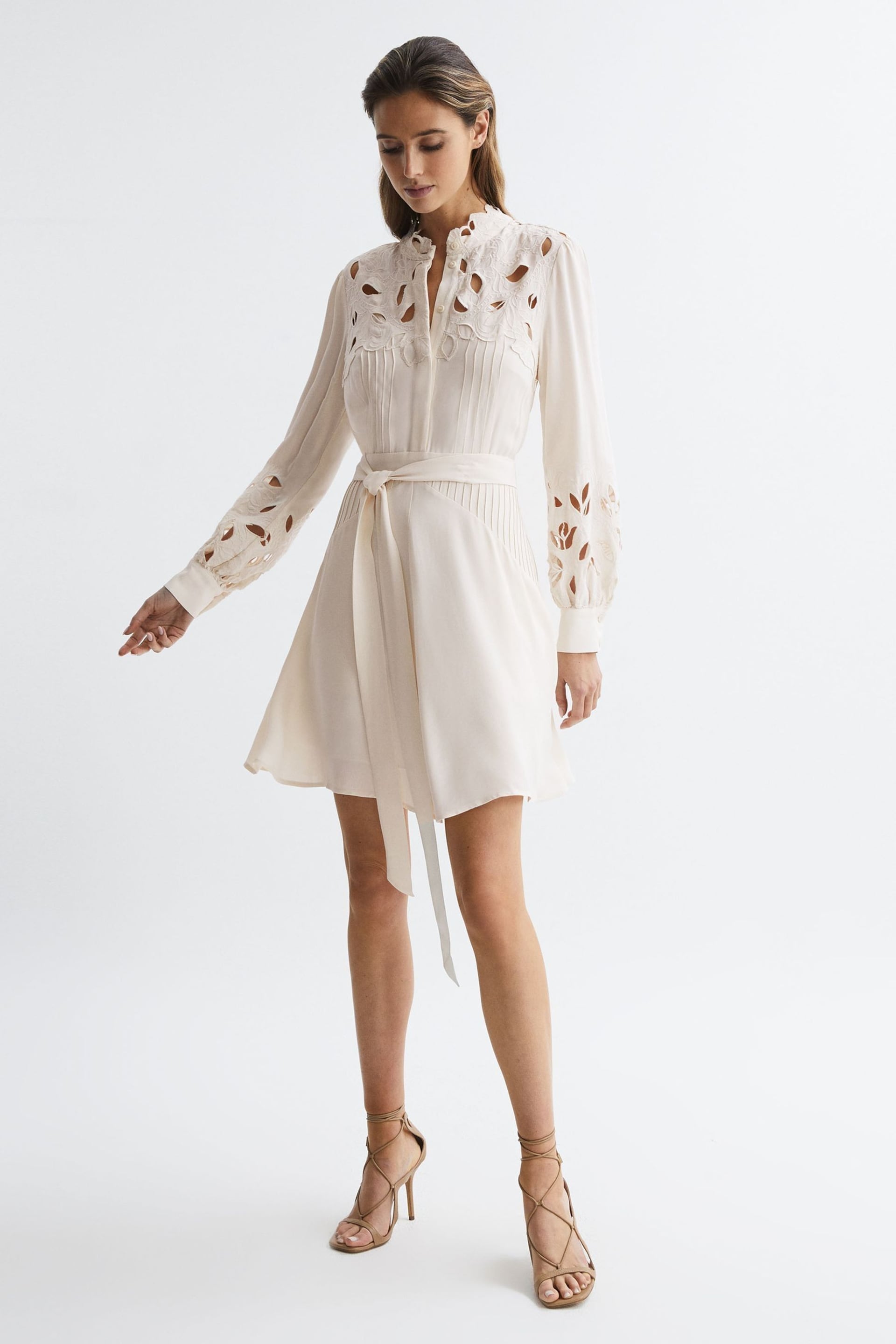 Reiss Ivory Clara Fitted Lace Cut-Out Mini Dress - Image 1 of 5