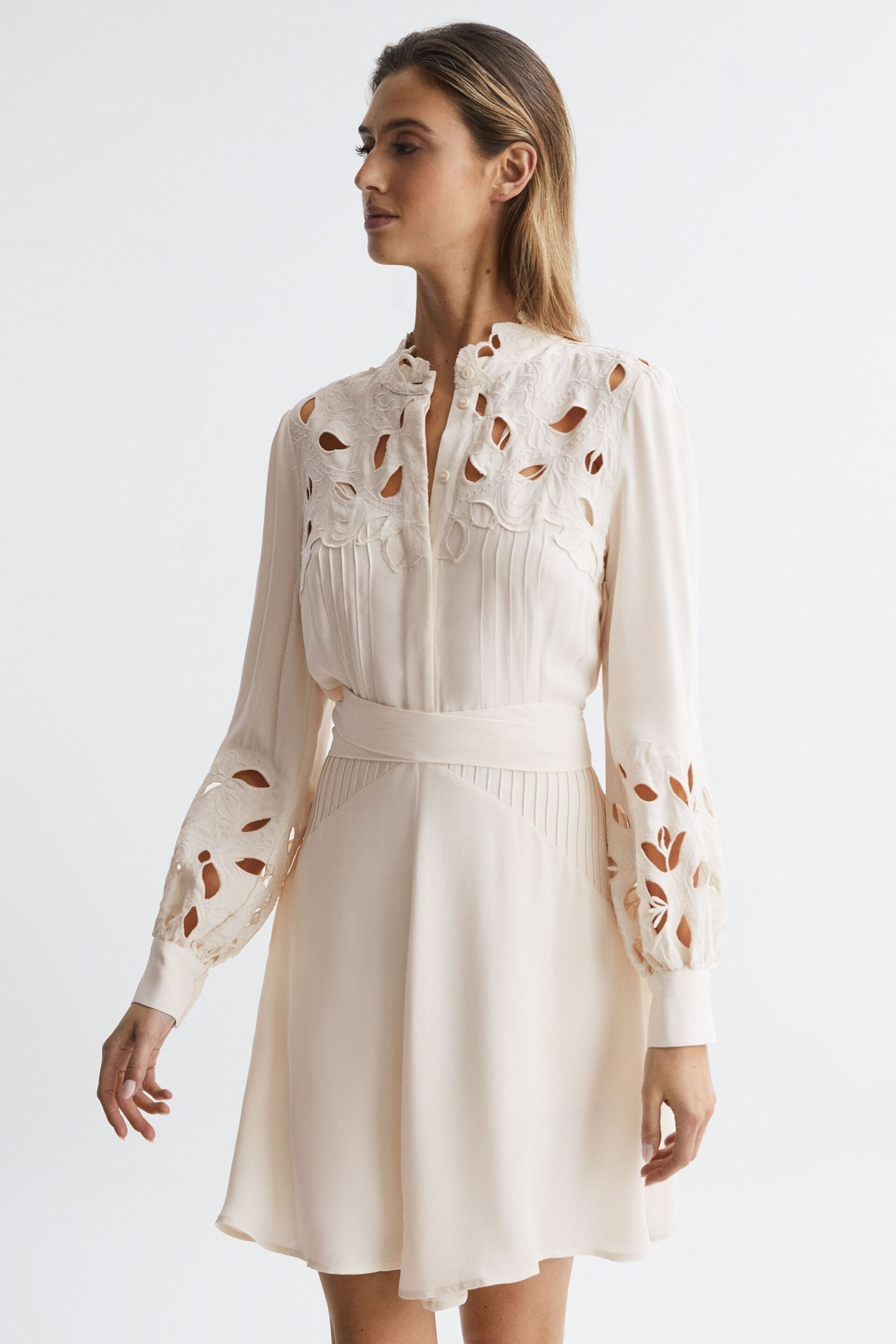 Reiss Ivory Clara Fitted Lace Cut-Out Mini Dress - Image 3 of 5