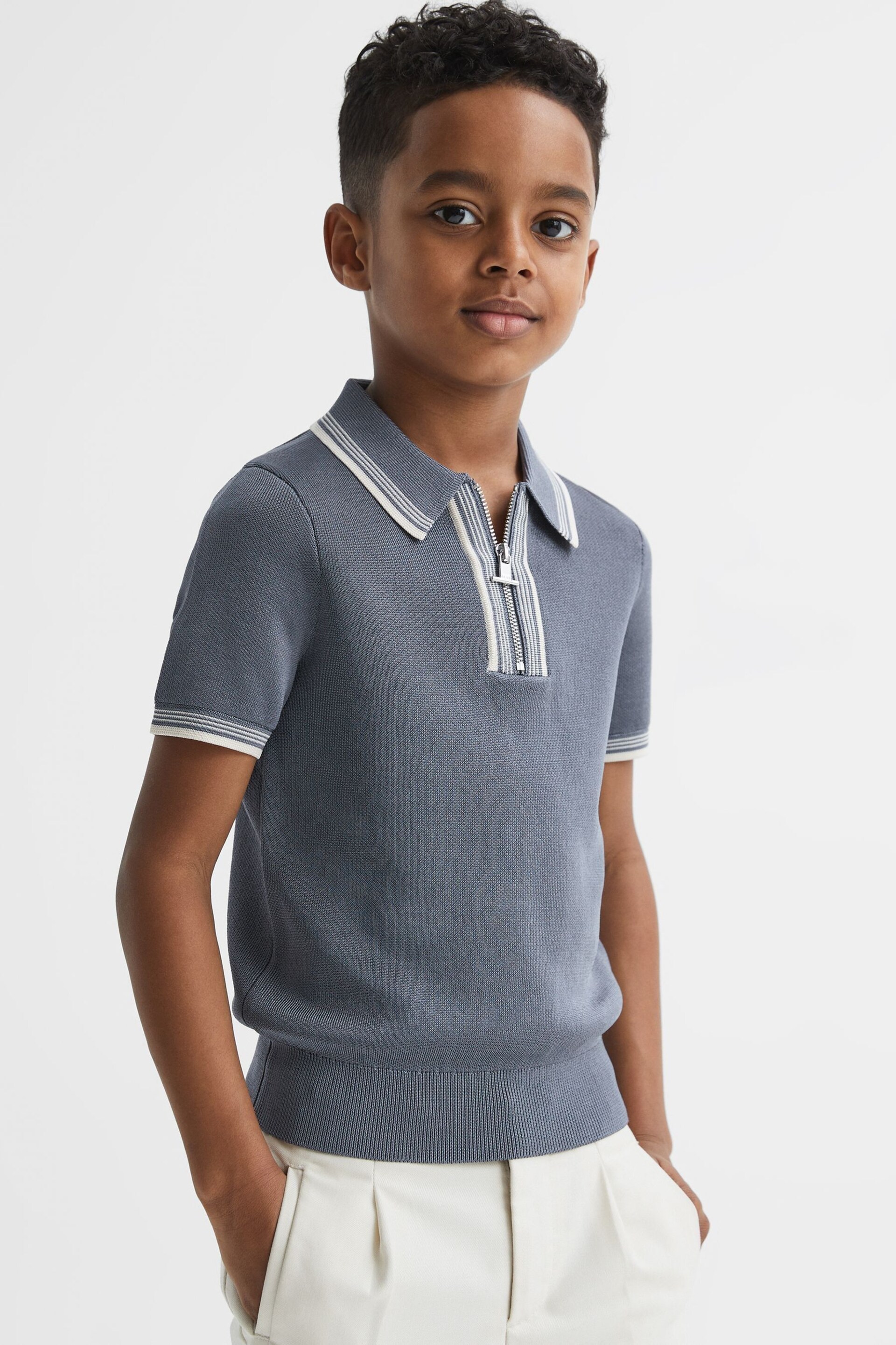 Reiss Ashley Blue Regency Senior Half-Zip Striped T-Shirt - Image 3 of 6