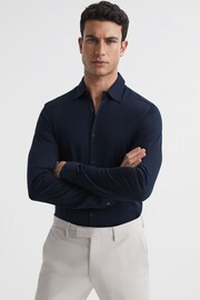 Reiss Navy King Mercerised Cotton Button-Through Shirt - Image 1 of 6