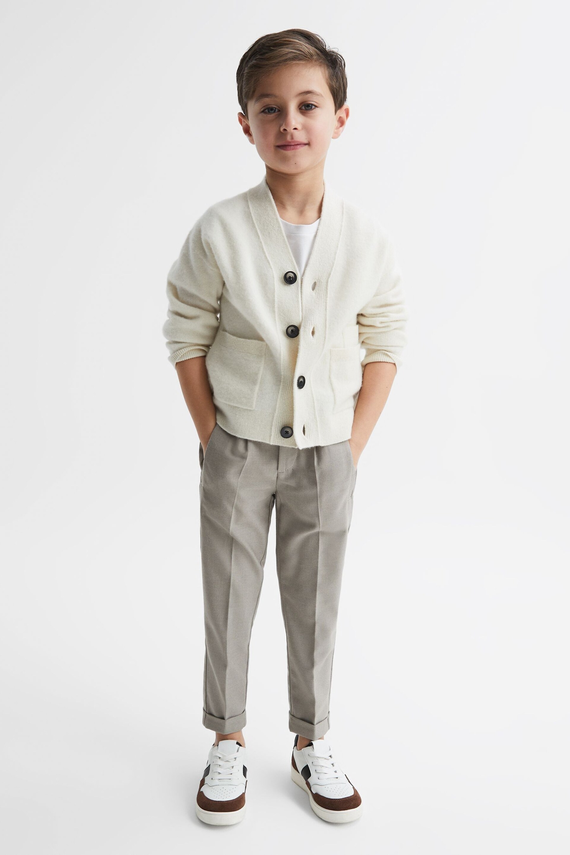 Reiss Taupe Brighton Senior Relaxed Elasticated Trousers with Turn-Ups - Image 1 of 7