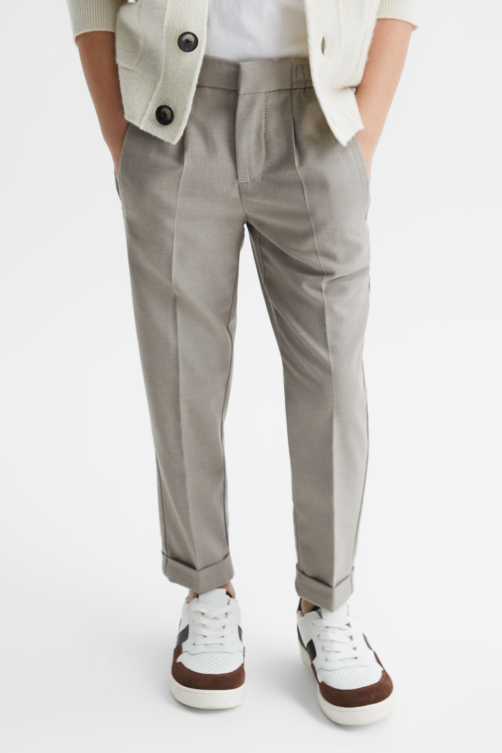 Reiss Taupe Brighton Senior Relaxed Elasticated Trousers with Turn-Ups - Image 3 of 7