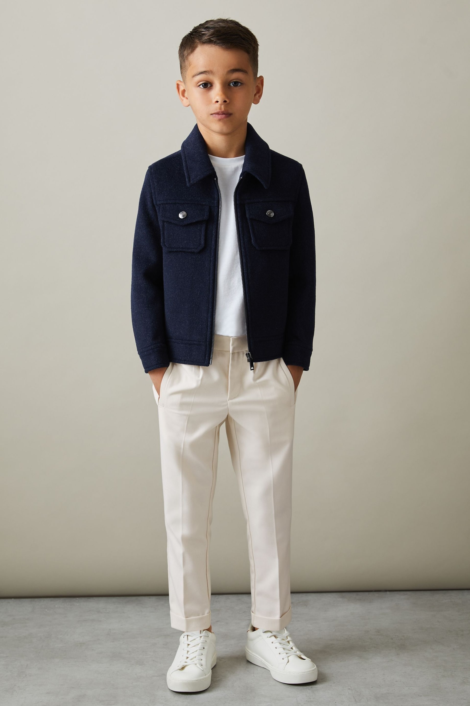 Reiss Ecru Brighton Junior Relaxed Elasticated Trousers with Turn-Ups - Image 1 of 6