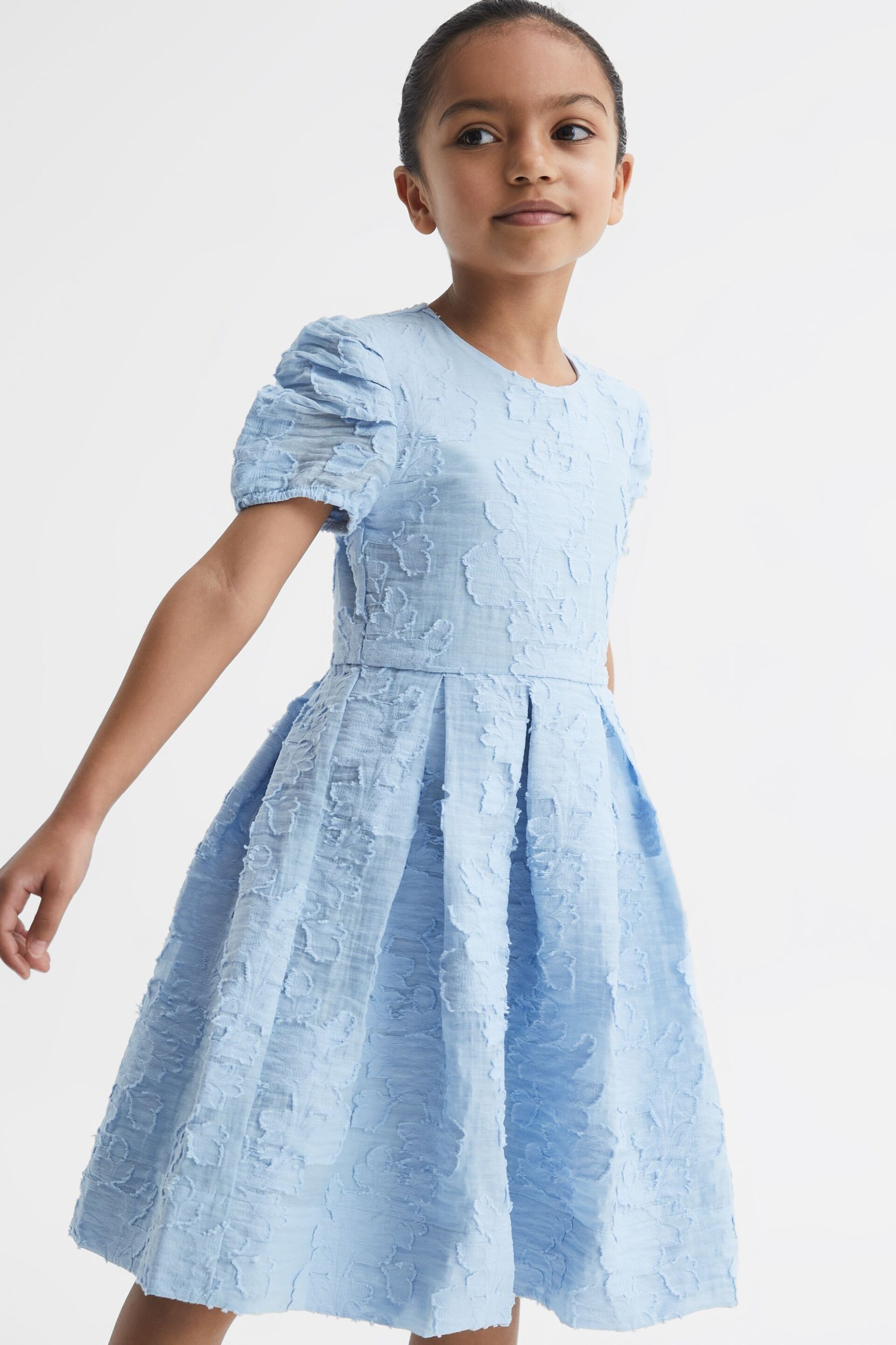 Reiss Blue Amalie Junior Floral Print Textured Dress - Image 1 of 6