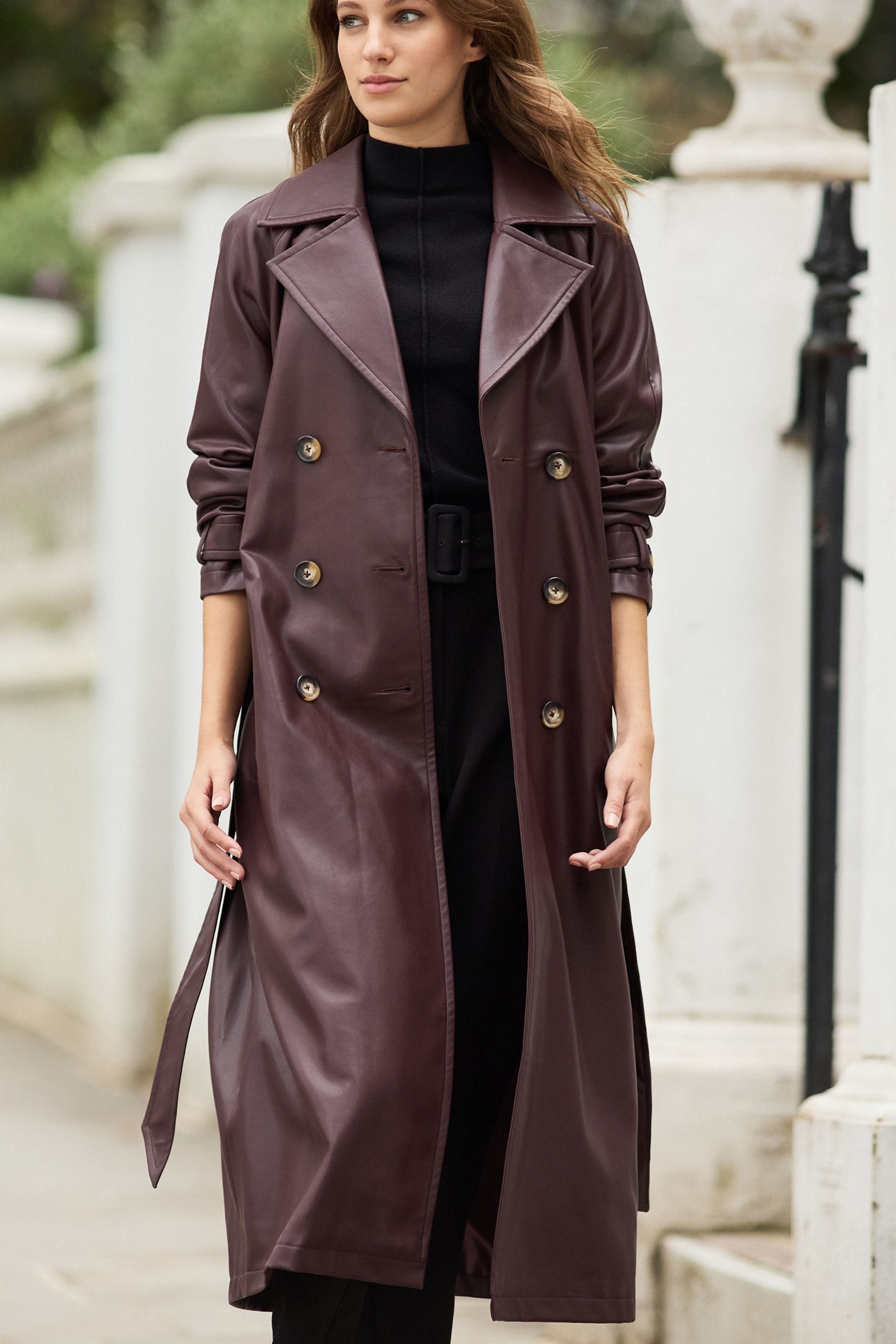 Double breasted leather trench coat hot sale