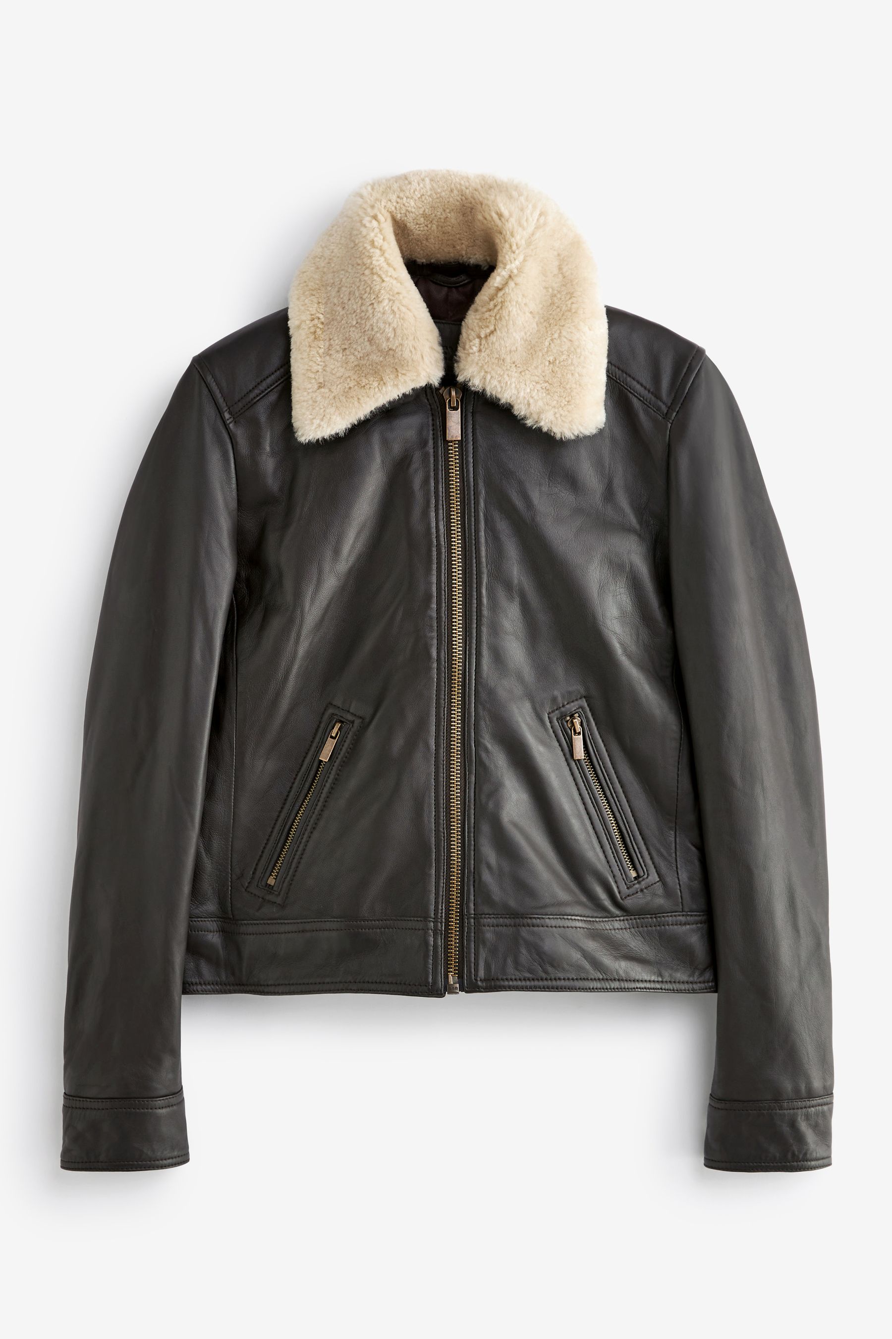 Buy Chocolate Brown Real Leather Aviator Flight Jacket With Sheepskin Collar from Next Luxembourg