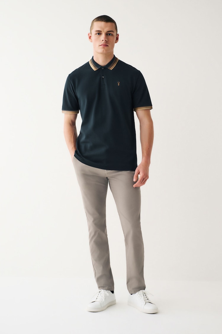 Navy Blue/Tan Brown Short Sleeve Tipped Regular Fit Polo Shirt - Image 2 of 8