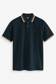Navy Blue/Tan Brown Short Sleeve Tipped Regular Fit Polo Shirt - Image 5 of 8