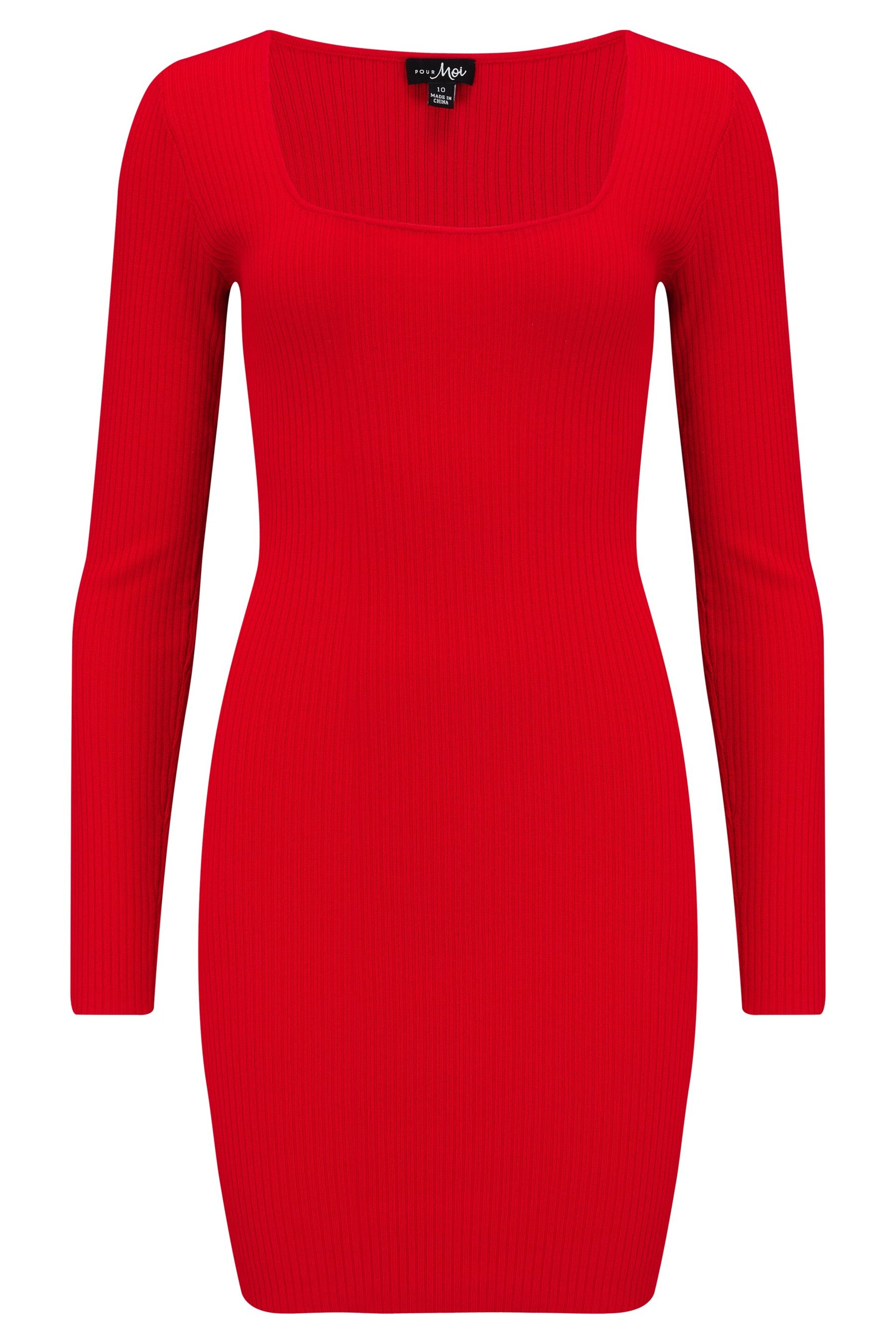 Pour Moi Red Sasha Ecovero Rib Knit Square Neck Mini Dress - Image 4 of 5