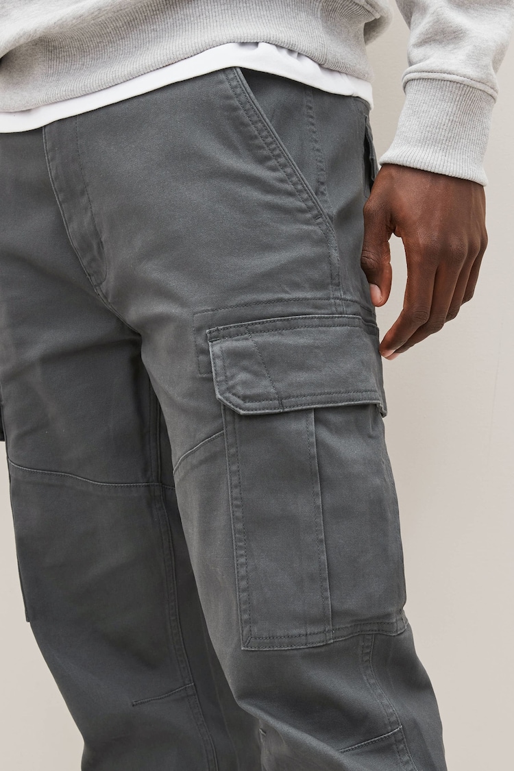 Charcoal Grey Straight Fit Cotton Stretch Cargo Trousers - Image 4 of 9