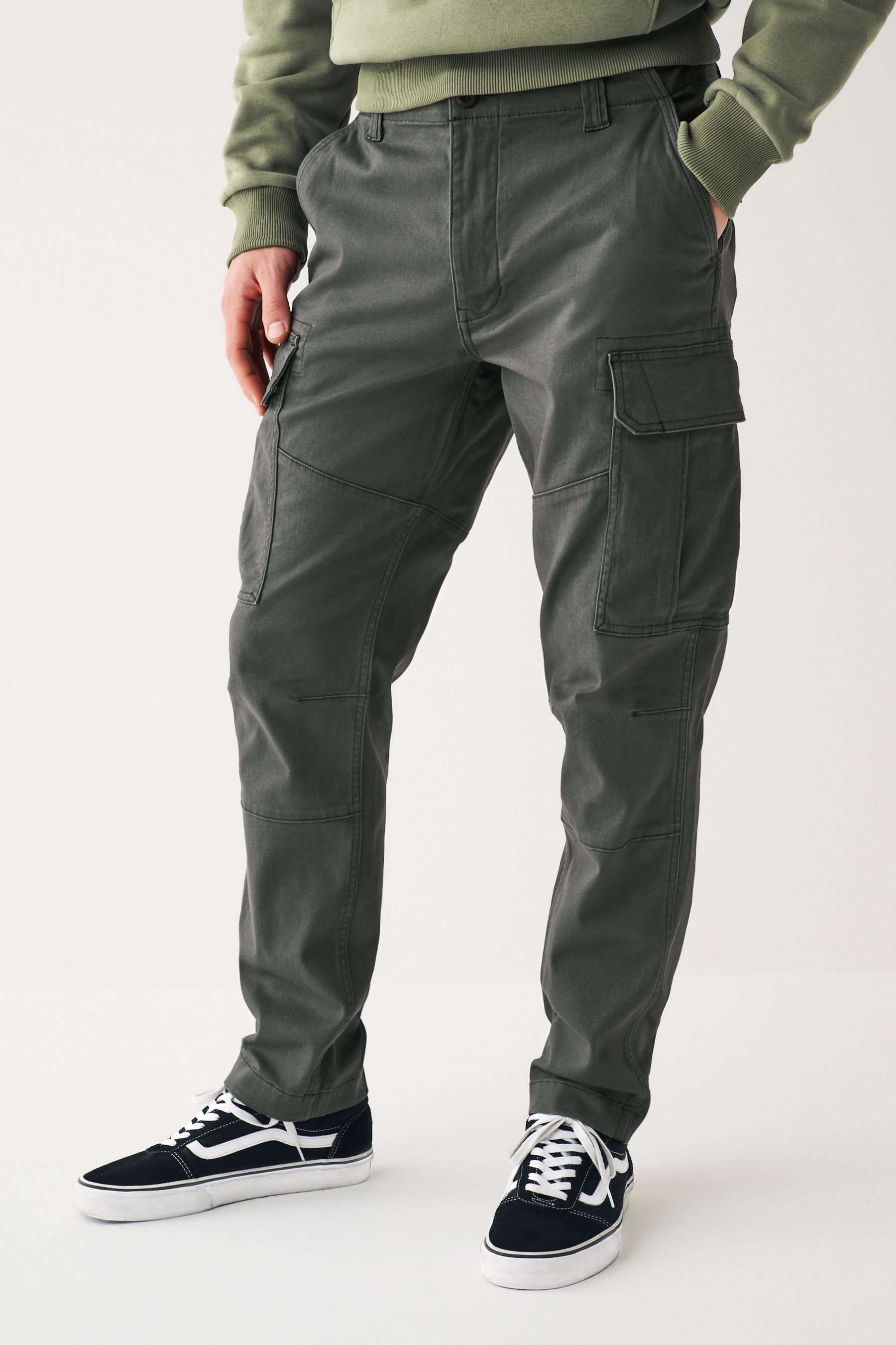 Grey Charcoal Slim Fit Cotton Stretch Cargo Trousers