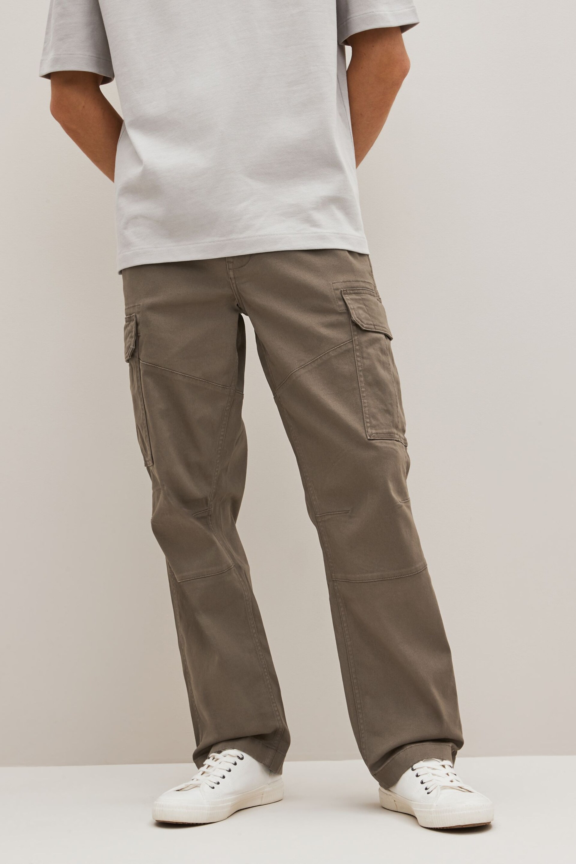 Mushroom Brown Straight Fit Cotton Stretch Cargo Trousers - Image 1 of 9