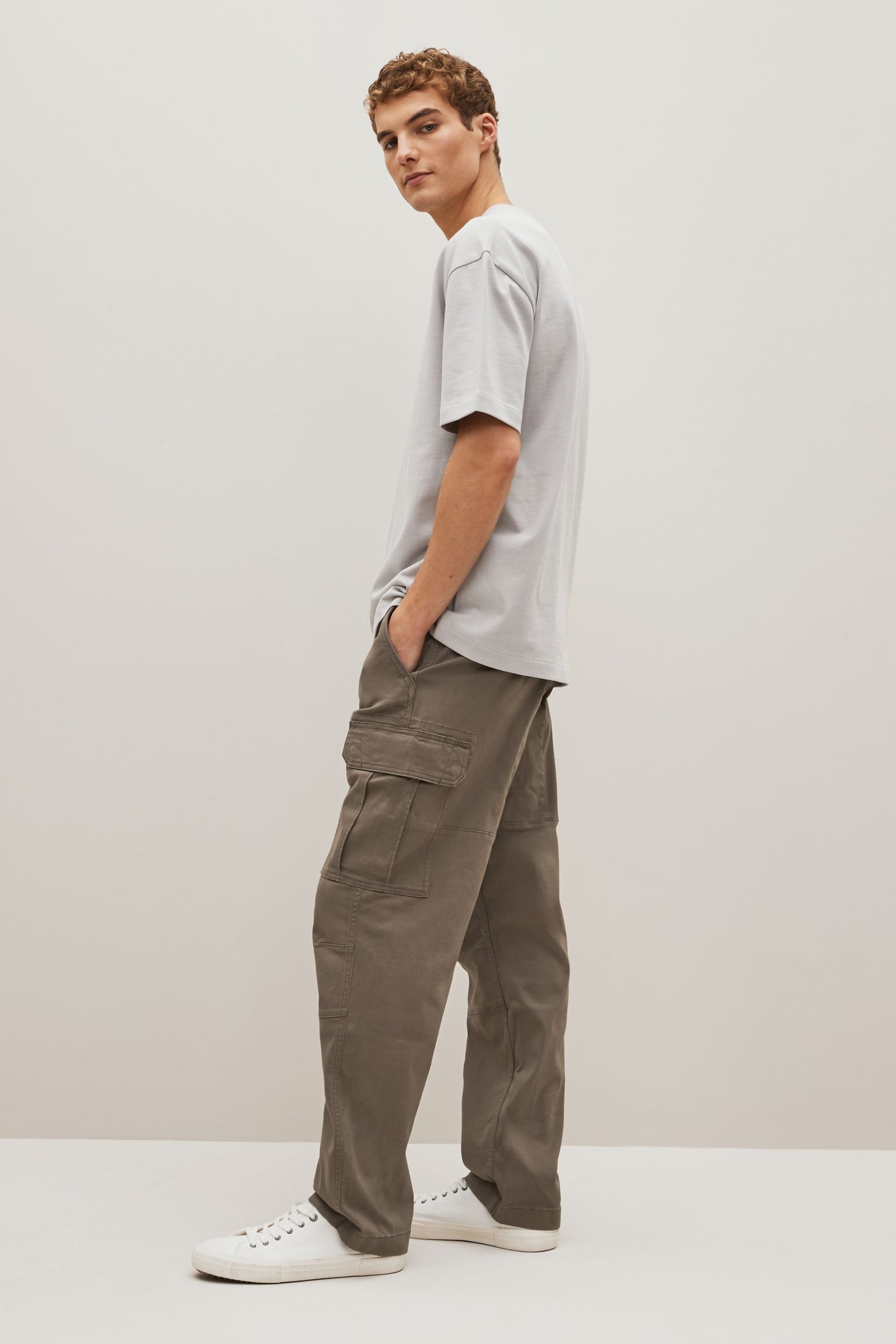 Mushroom Brown Straight Fit Cotton Stretch Cargo Trousers - Image 3 of 9