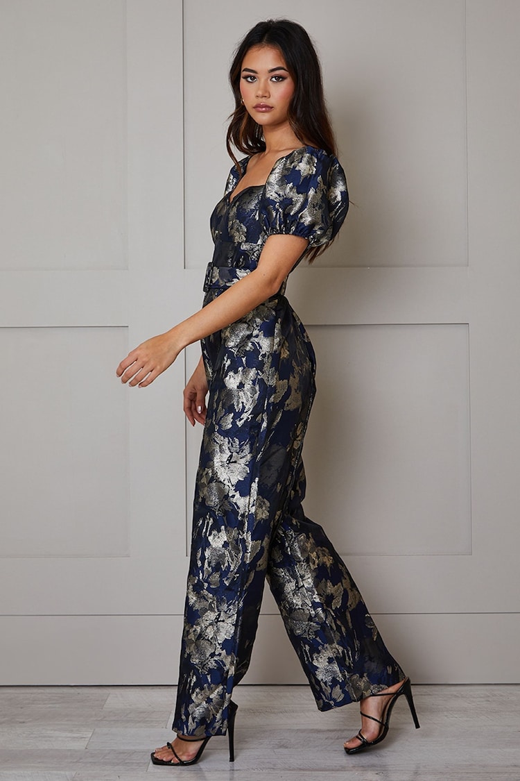 Chi Chi London Blue Petite Puff Sleeve Jacquard Wide Leg Jumpsuit - Image 1 of 3