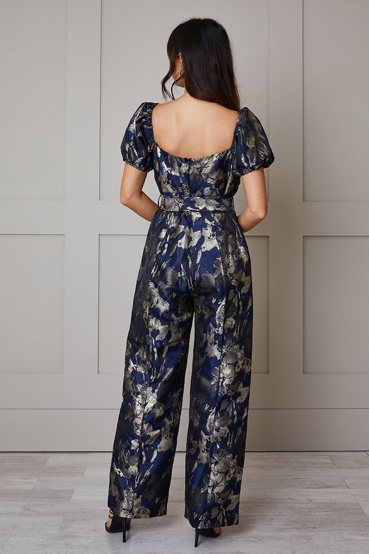 Chi Chi London Blue Petite Puff Sleeve Jacquard Wide Leg Jumpsuit - Image 2 of 3