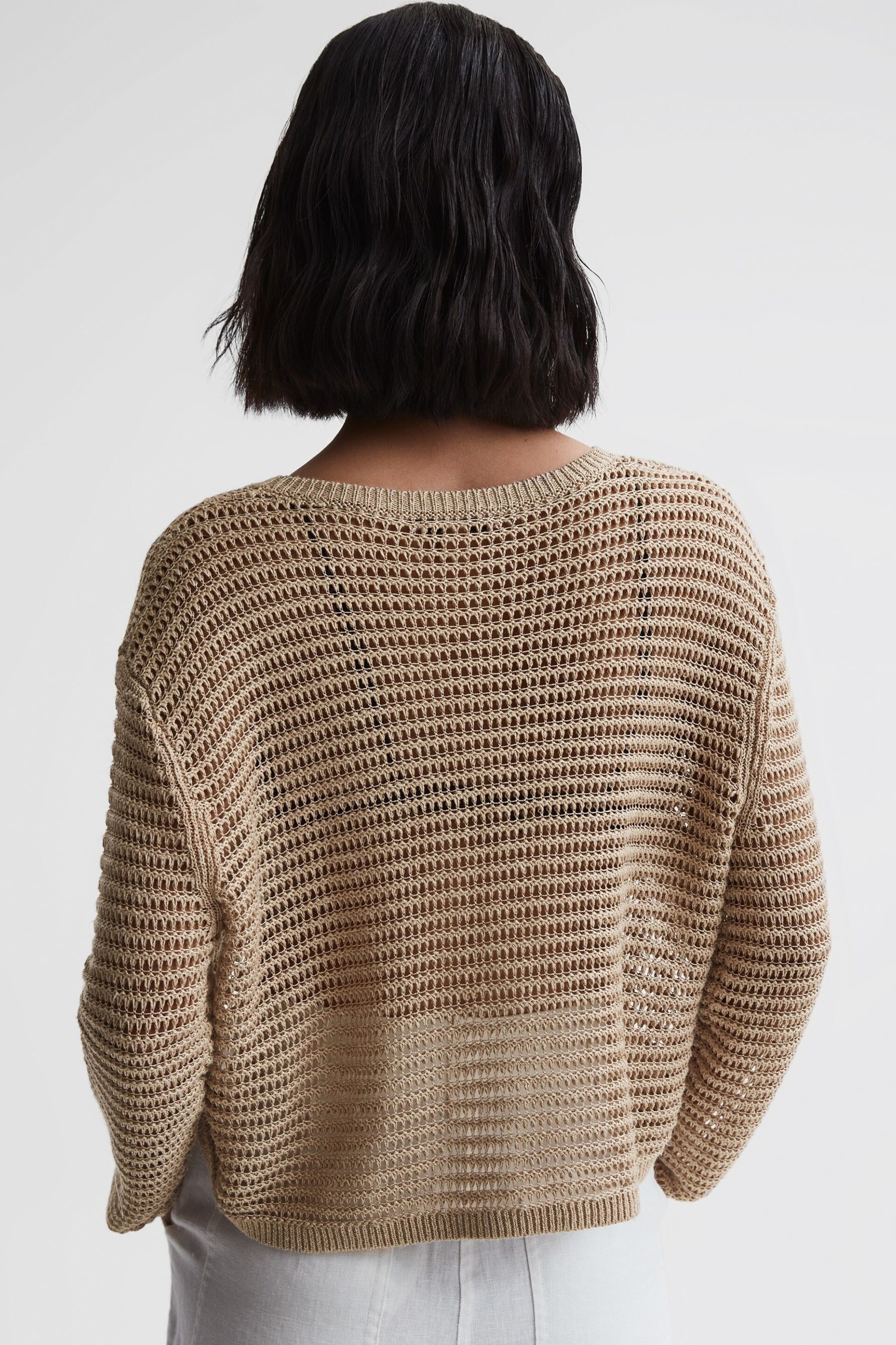 Reiss Neutral Avril Linen Open Stitch Crew Neck Jumper - Image 4 of 4