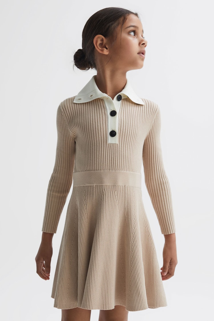 Reiss Camel Malani Junior Colourblock Knitted Dress - Image 1 of 6