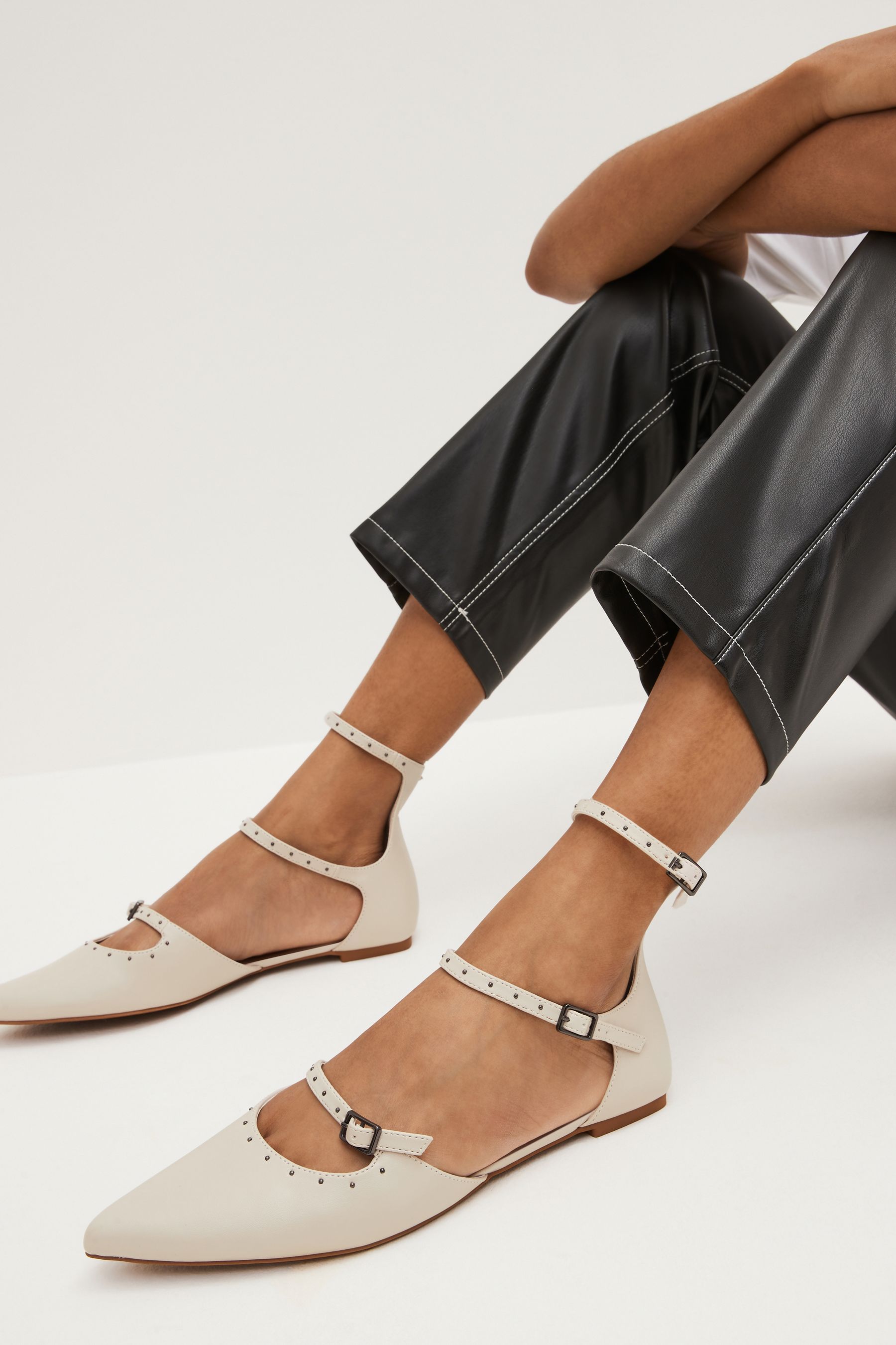 Buy Bone White Forever Comfort Point Toe Studded Strap Flat Shoes from Next Luxembourg