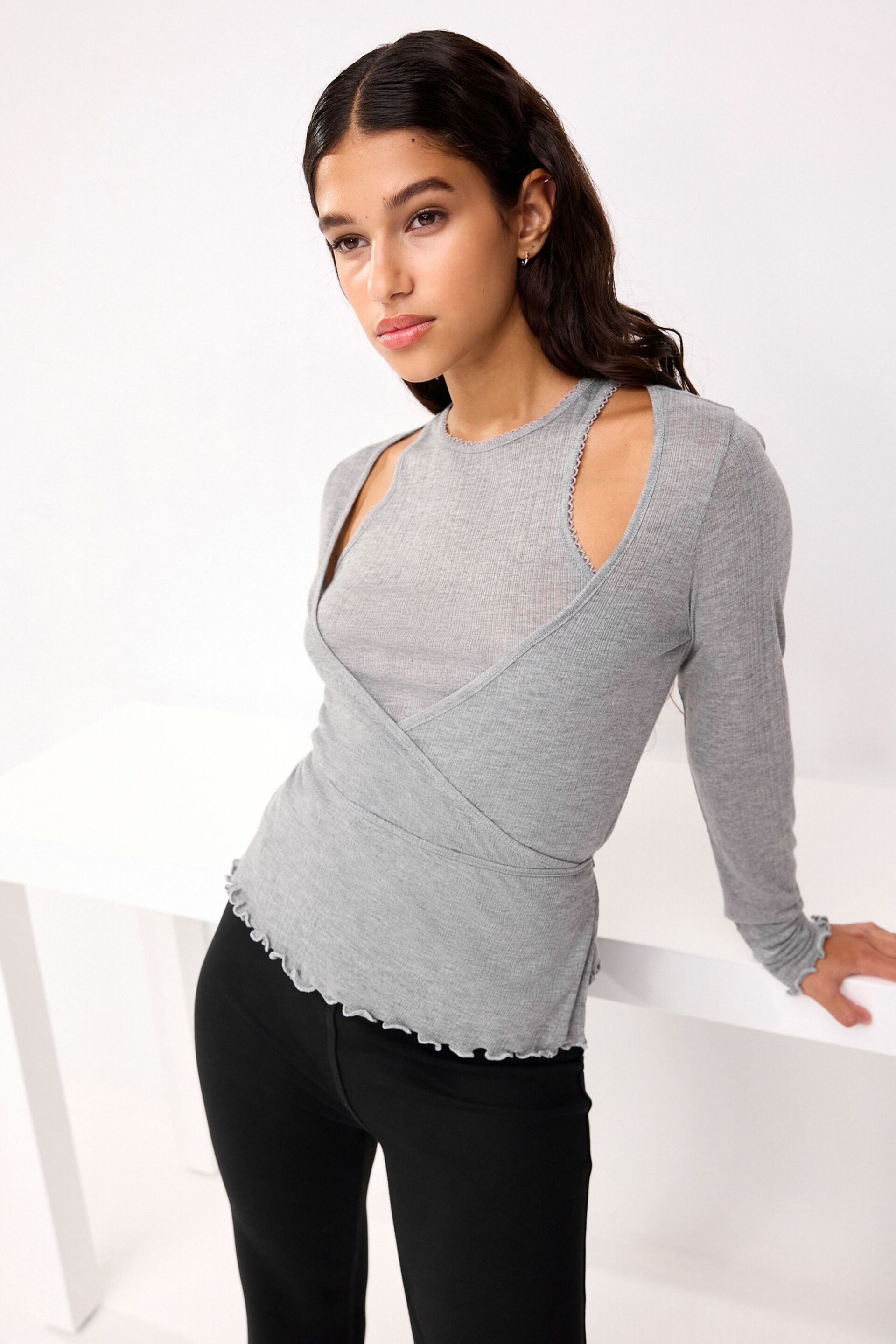 Grey Double Layer Wrap Top - Image 2 of 6