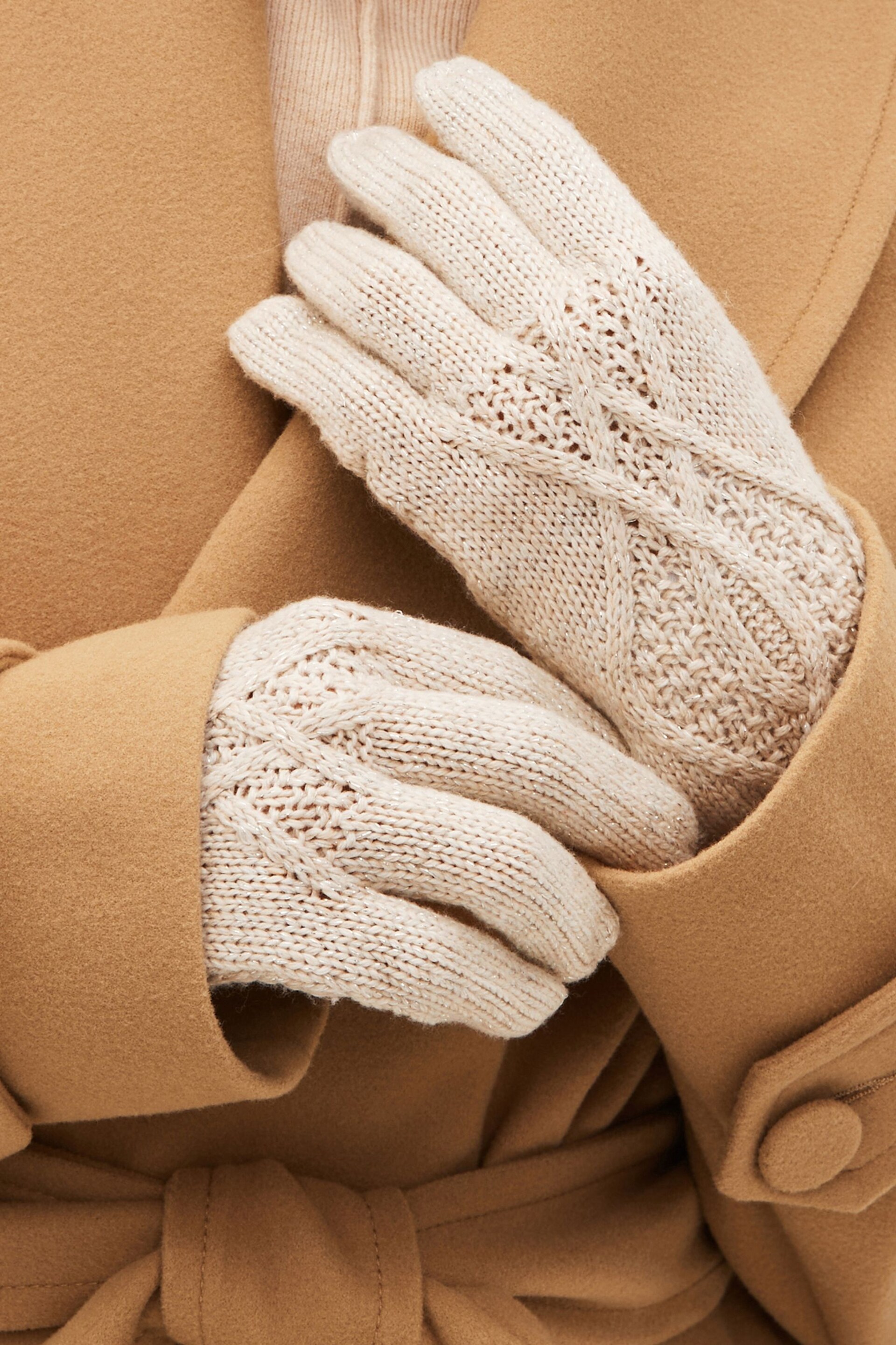 Cream Sparkle Cable Knit Gloves - Image 1 of 3