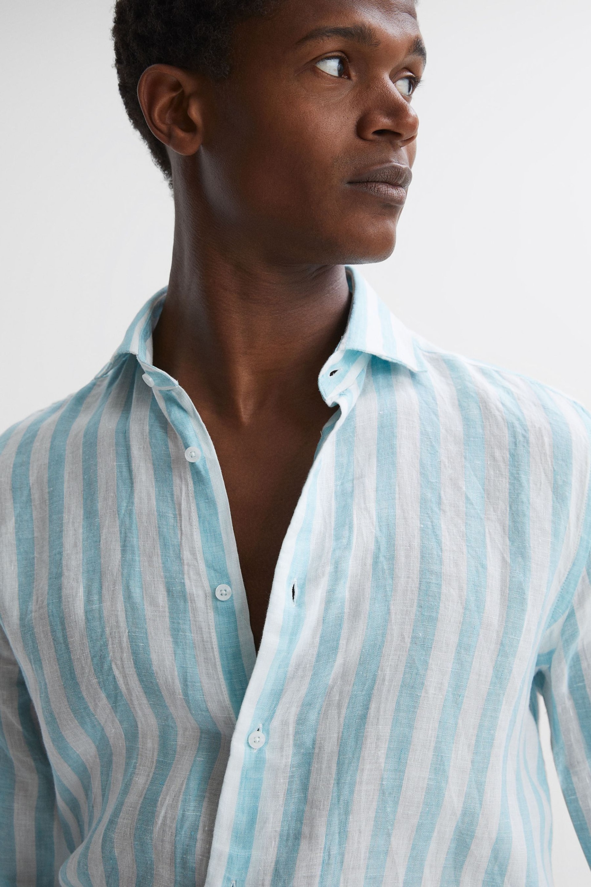 Reiss Aquamarine Stripe Ruban Linen Button-Through Shirt - Image 1 of 5