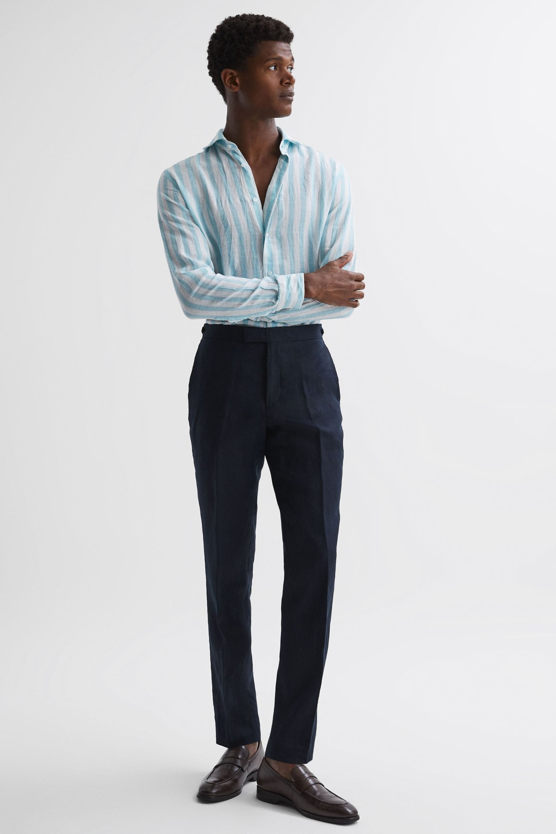 Reiss Aquamarine Stripe Ruban Linen Button-Through Shirt - Image 3 of 5