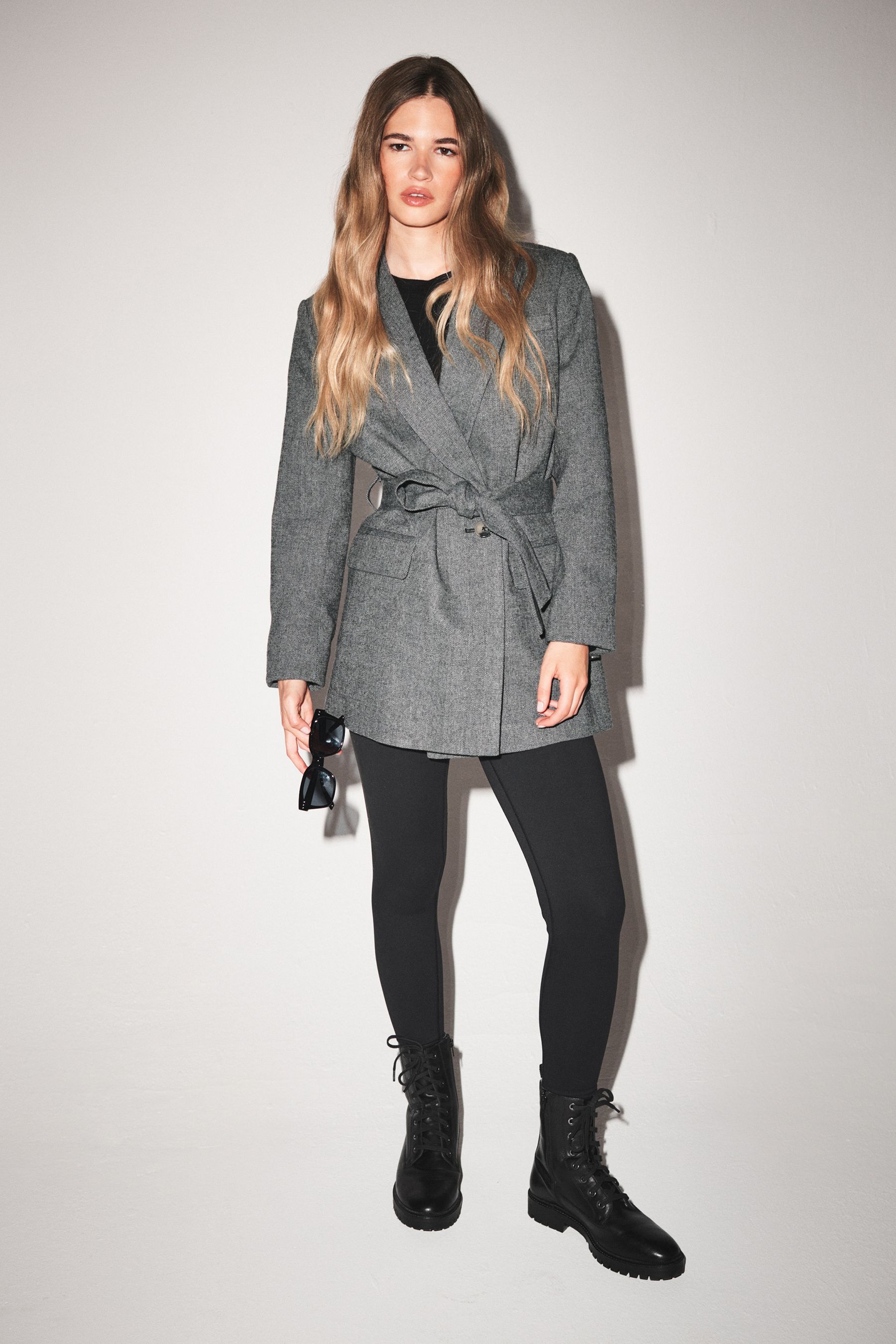 Buy Grey Tailored Belted Herringbone Blazer from Next Luxembourg