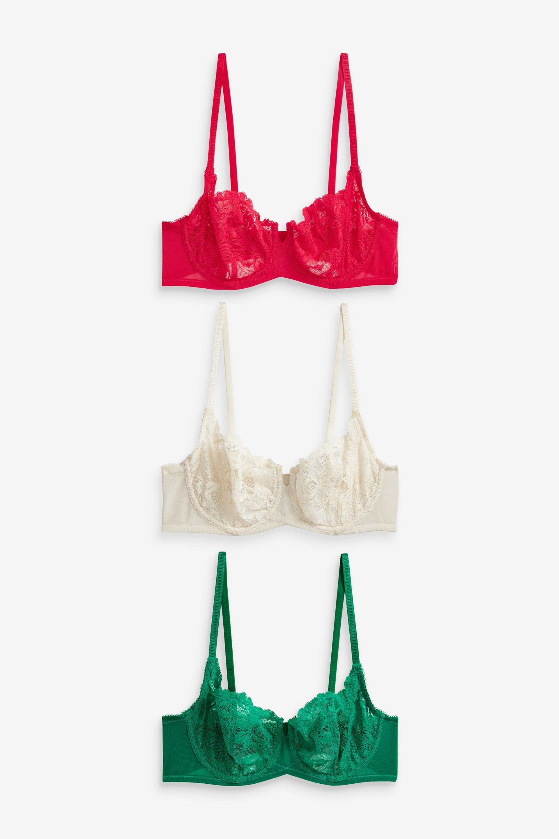 Red/Green/Cream Non Pad Balcony Lace Bras 3 Pack - Image 5 of 8