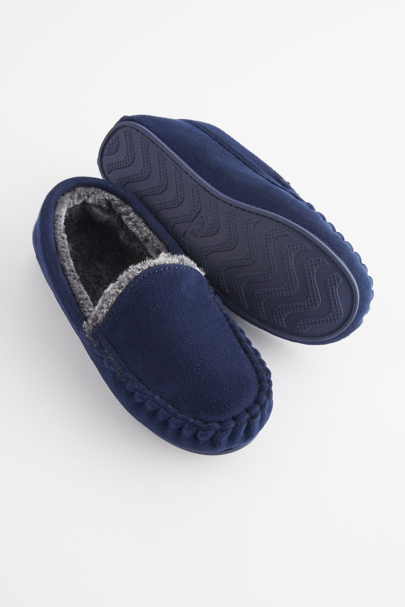 Navy Blue Faux Fur Lined Moccasin Slippers - Image 3 of 5
