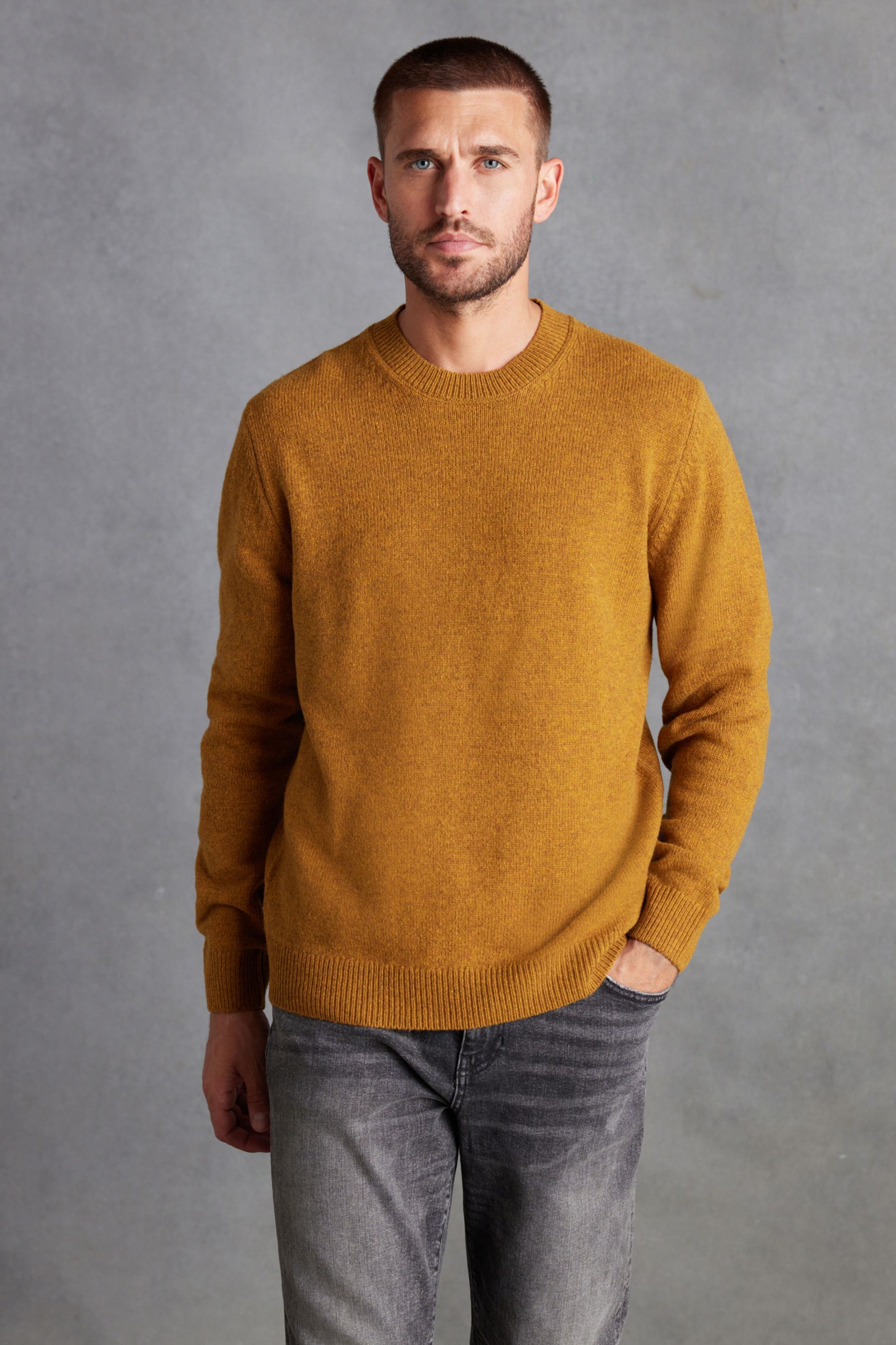 Buy Mustard Yellow Crew Neck Regular Signature Lambswool Jumper from Next Luxembourg