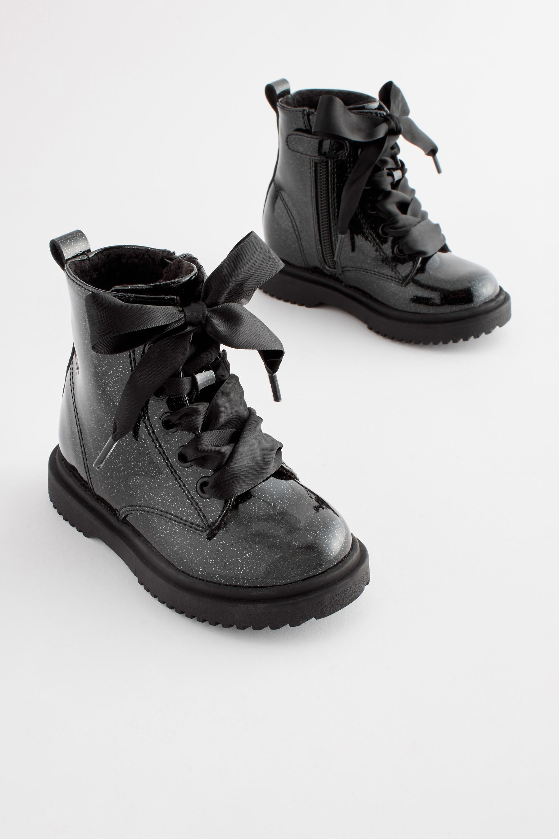 Buy Black Patent Standard Fit F Warm Lined Lace Up Boots from Next Oman