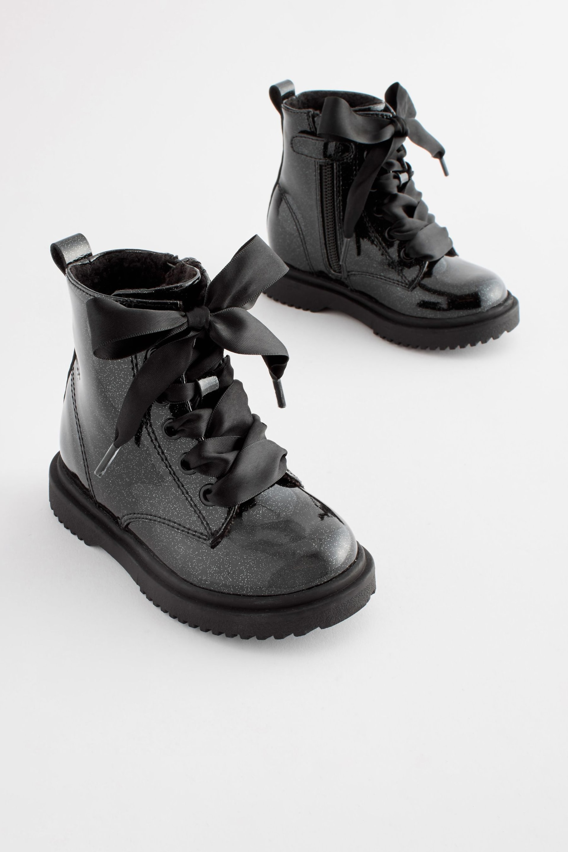 Black Patent Standard Fit (F) Warm Lined Lace-Up Boots - Image 1 of 6