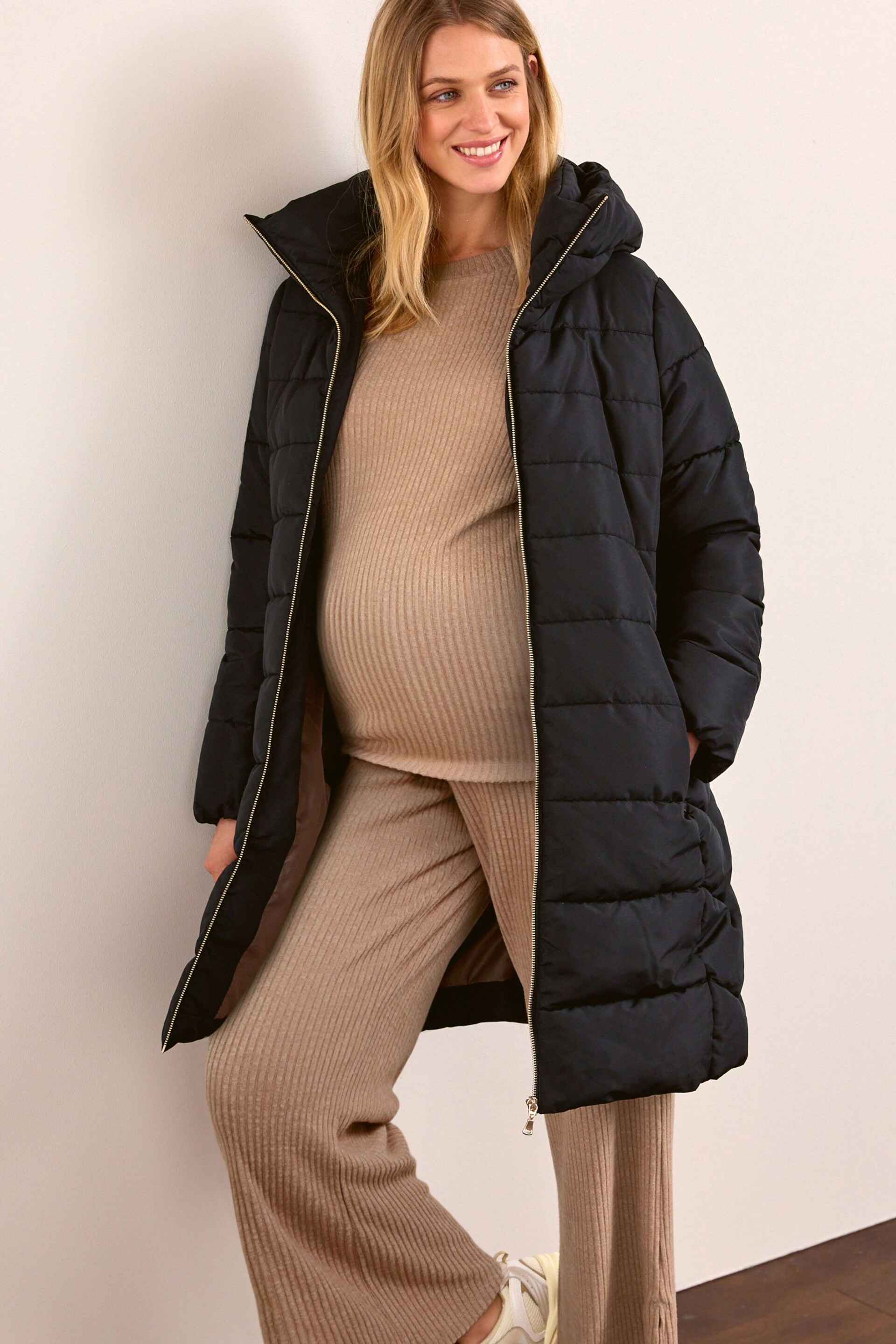 Black Maternity Padded Coat With Zip-Out Panel - Image 1 of 5