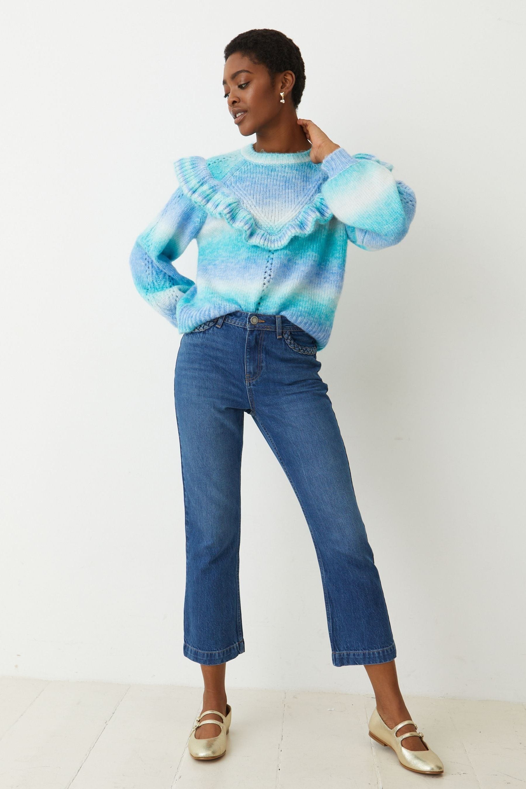 Buy Oliver Bonas Blue Space Dye Frill Knitted Jumper from Next Luxembourg