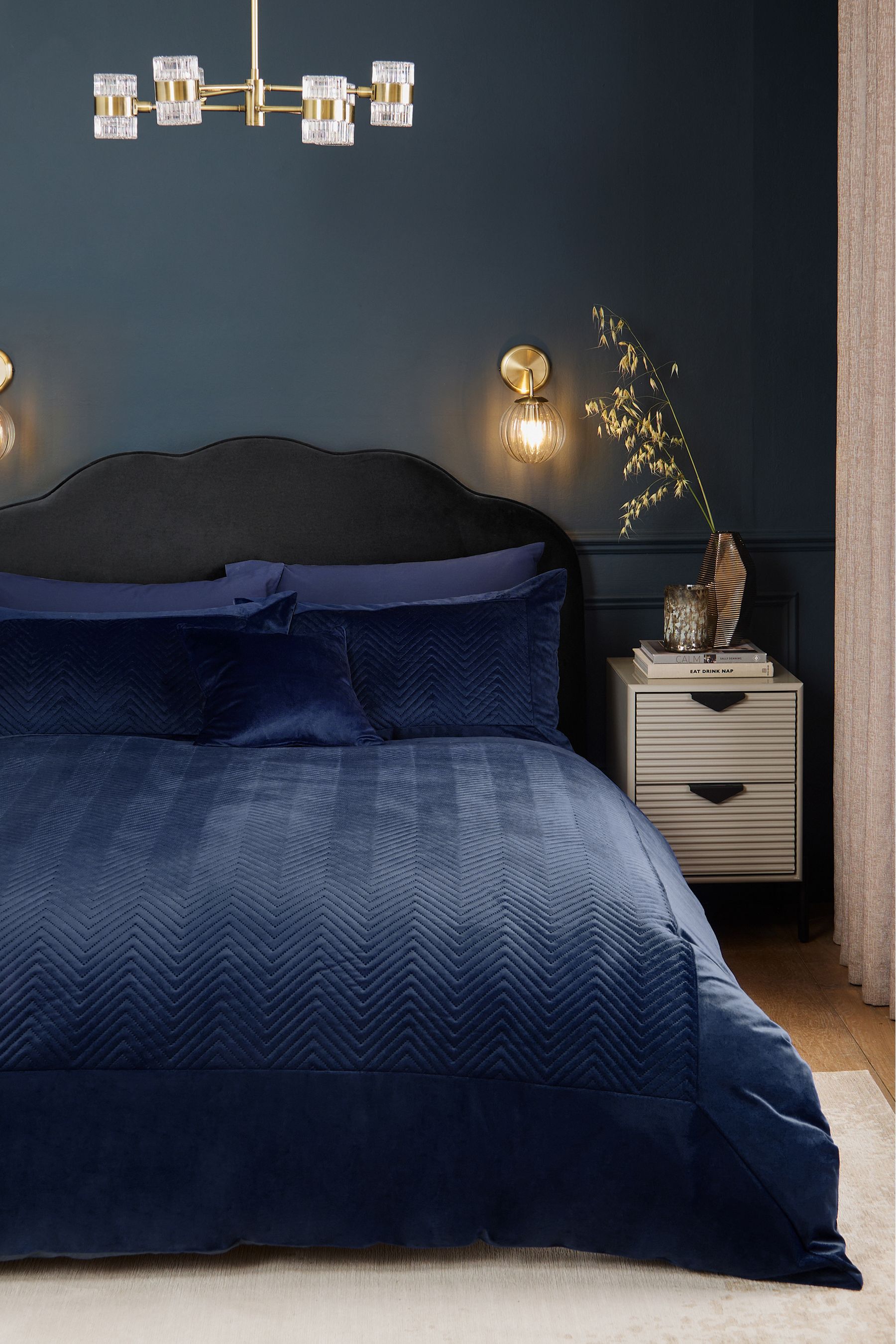 Buy Navy Blue Madison Quilted Velvet Duvet Cover and Pillowcase Set ...