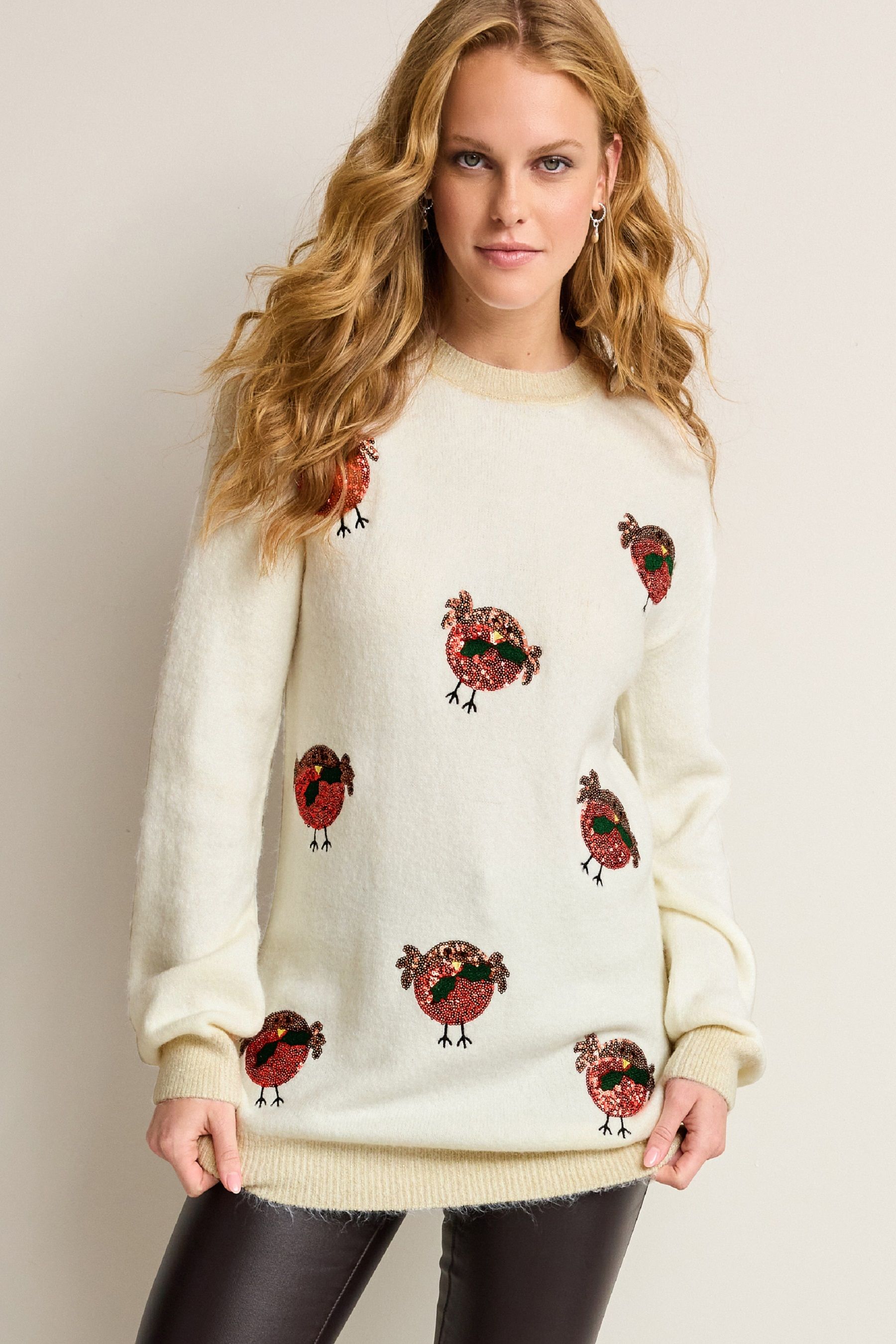 Buy Ecru White Sequin Robins Christmas Jumper from Next Luxembourg