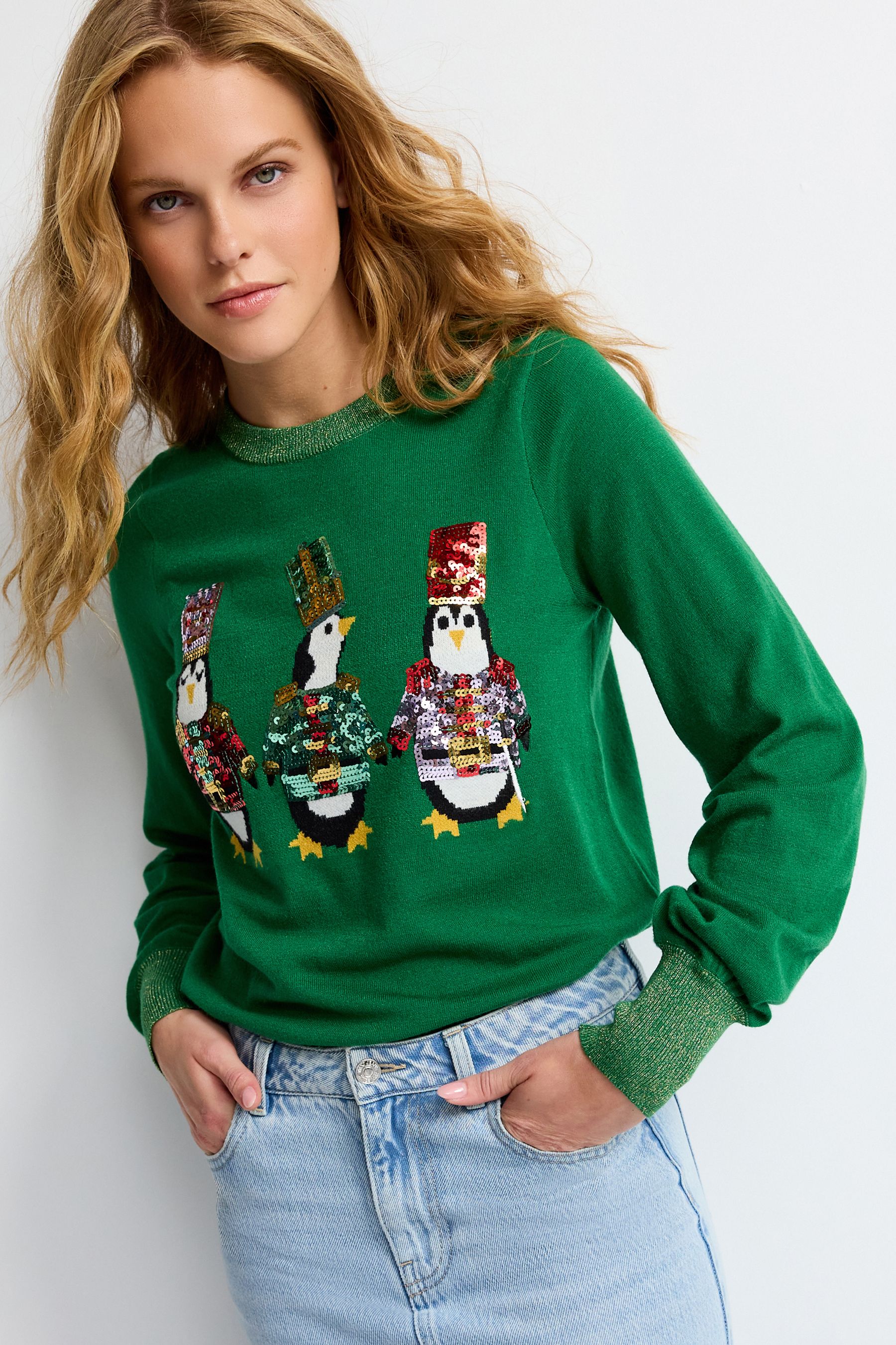 Buy Bright Green Sequin Penguins Christmas Jumper from Next Luxembourg