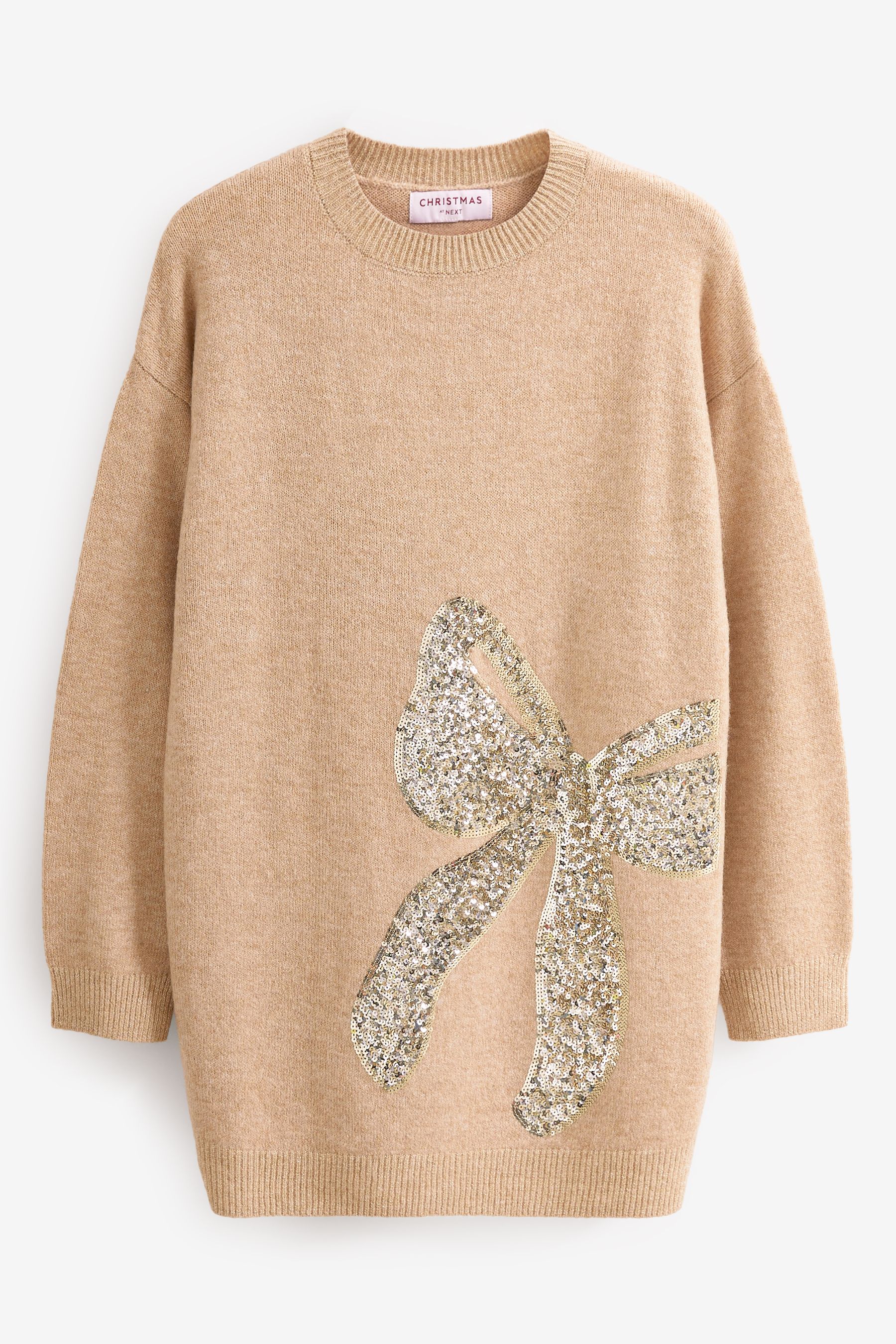 Buy Camel Brown Sequin Bow Christmas Jumper from Next Luxembourg