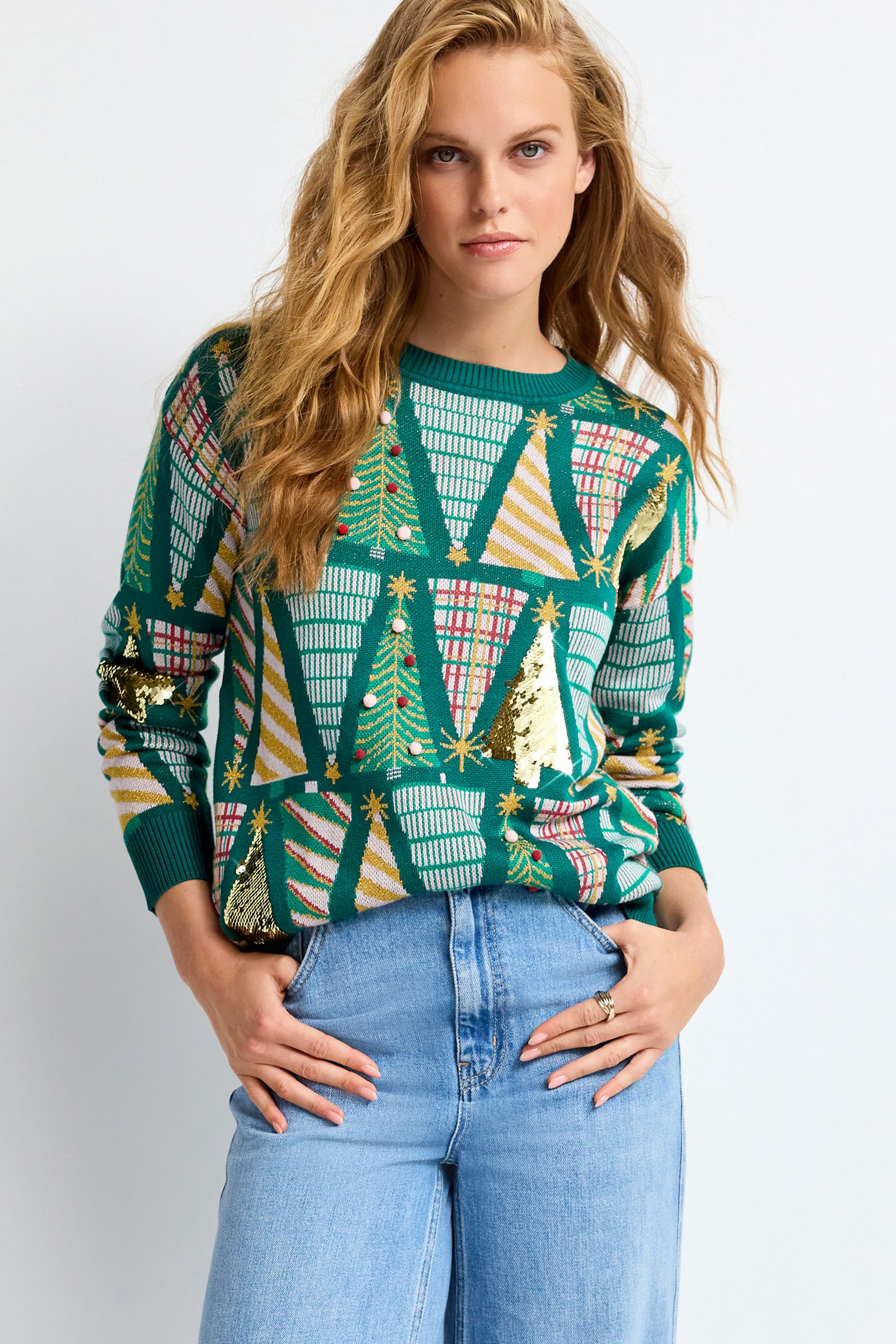 Buy Green Christmas Trees Christmas Jumper from Next Luxembourg
