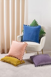 furn. Sky Blue Dora Cotton Velvet Pom-Pom Trim Cushion - Image 5 of 5