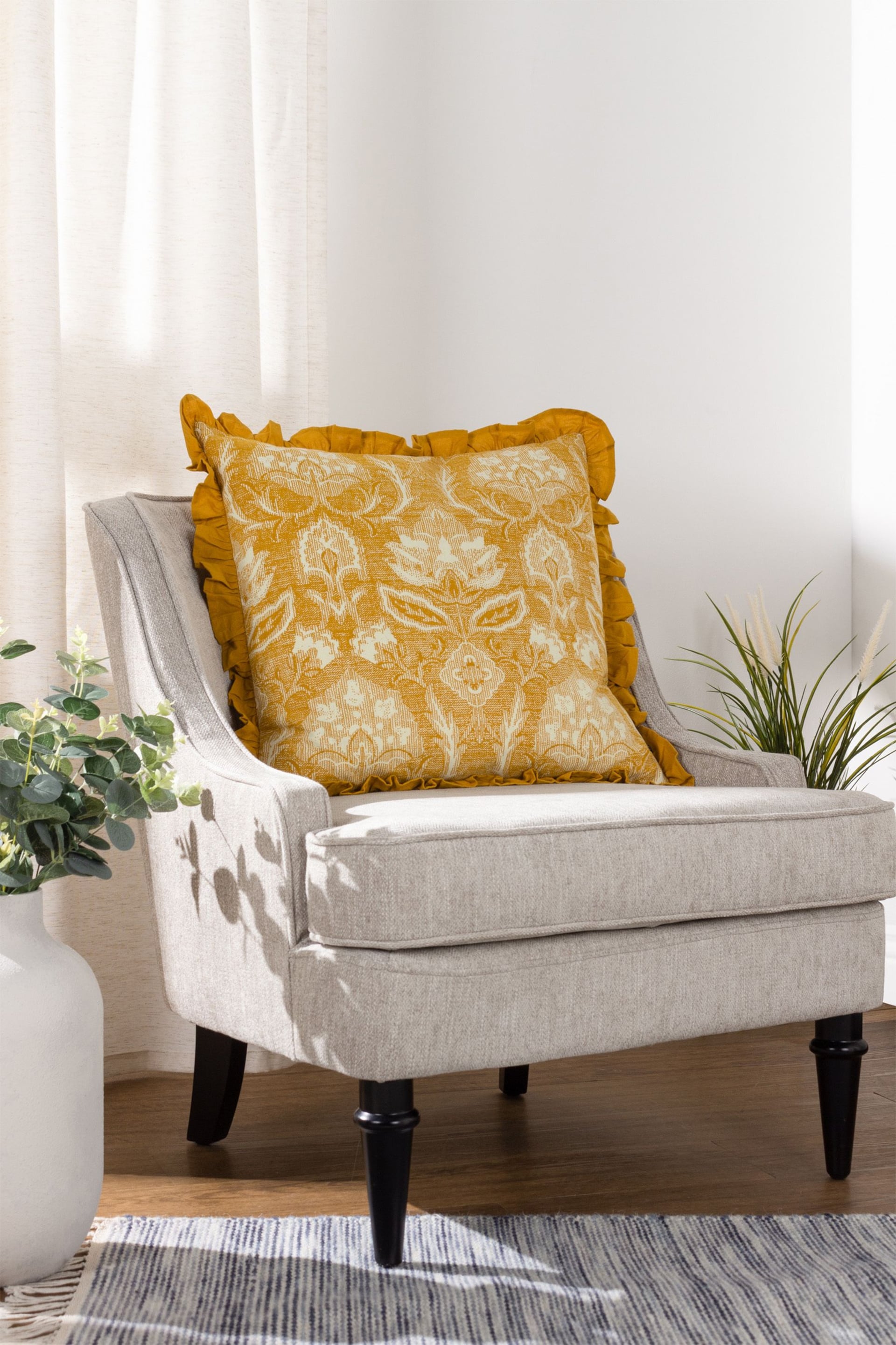 Riva Paoletti Ochre Yellow Kirkton Floral Tile Cotton Pleated Cushion - Image 1 of 6
