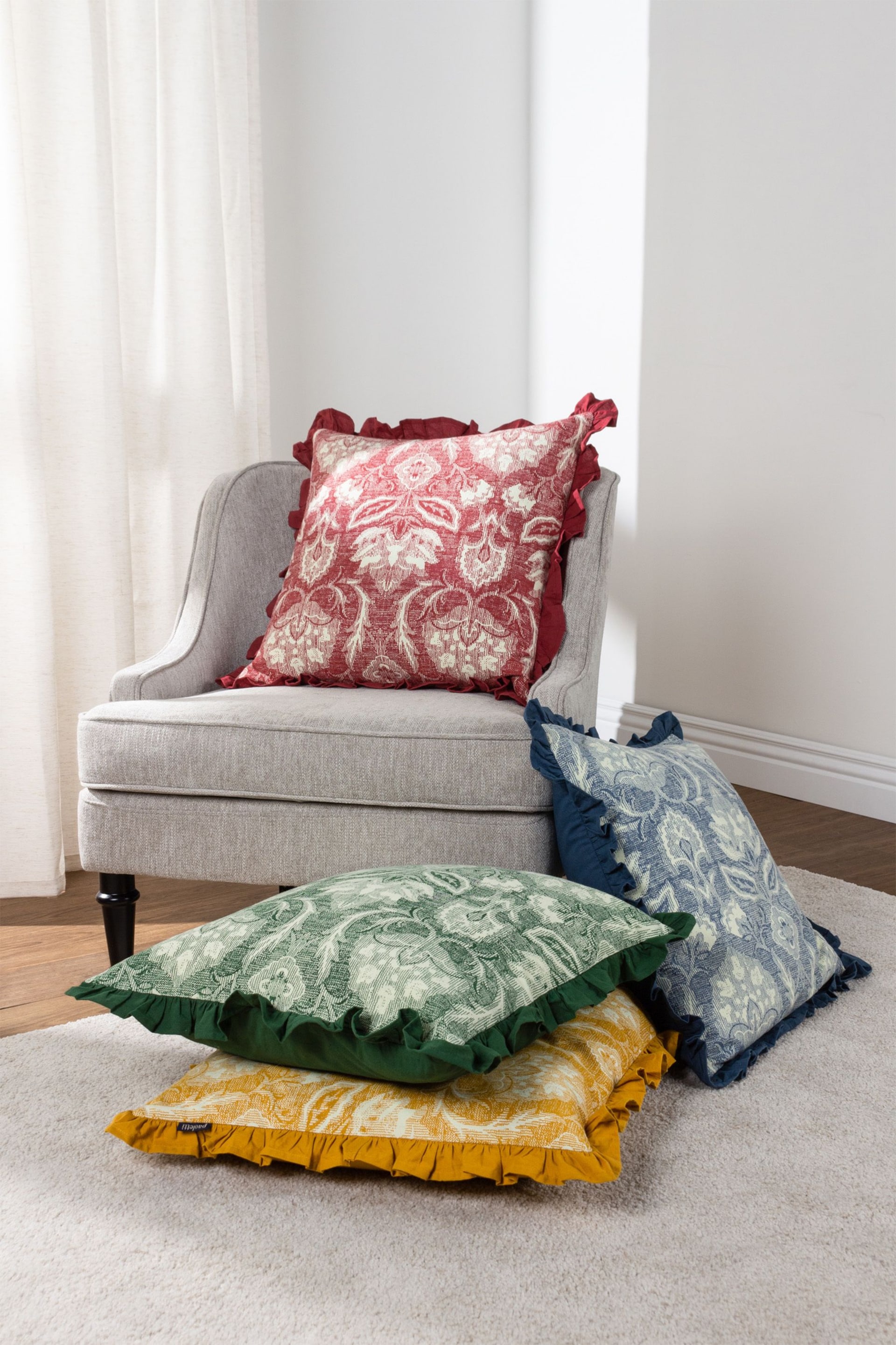 Riva Paoletti Ochre Yellow Kirkton Floral Tile Cotton Pleated Cushion - Image 2 of 6