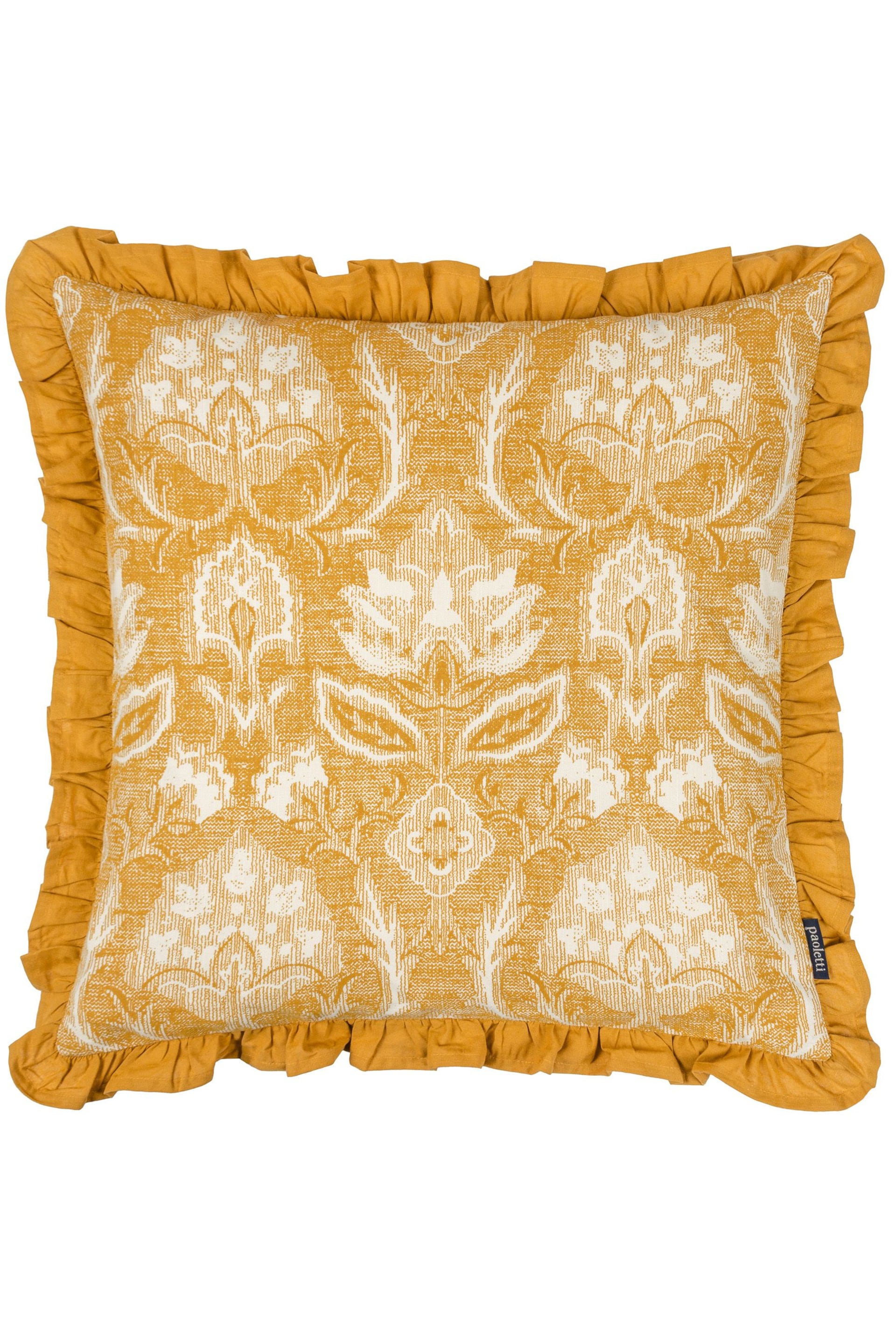 Riva Paoletti Ochre Yellow Kirkton Floral Tile Cotton Pleated Cushion - Image 3 of 6