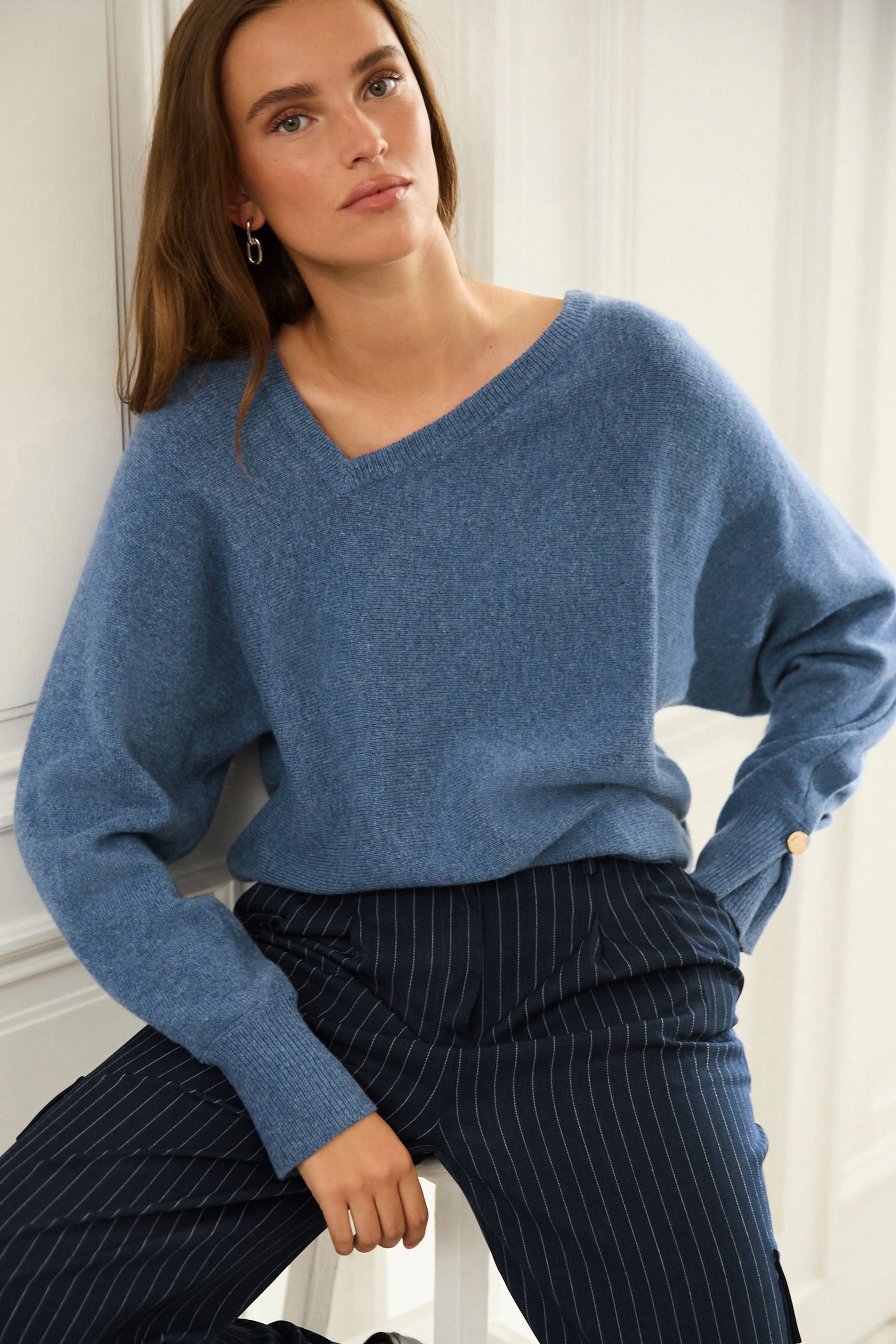 Buy Blue Premium 100 Lambswool Asymmetric Neck Jumper from Next Luxembourg