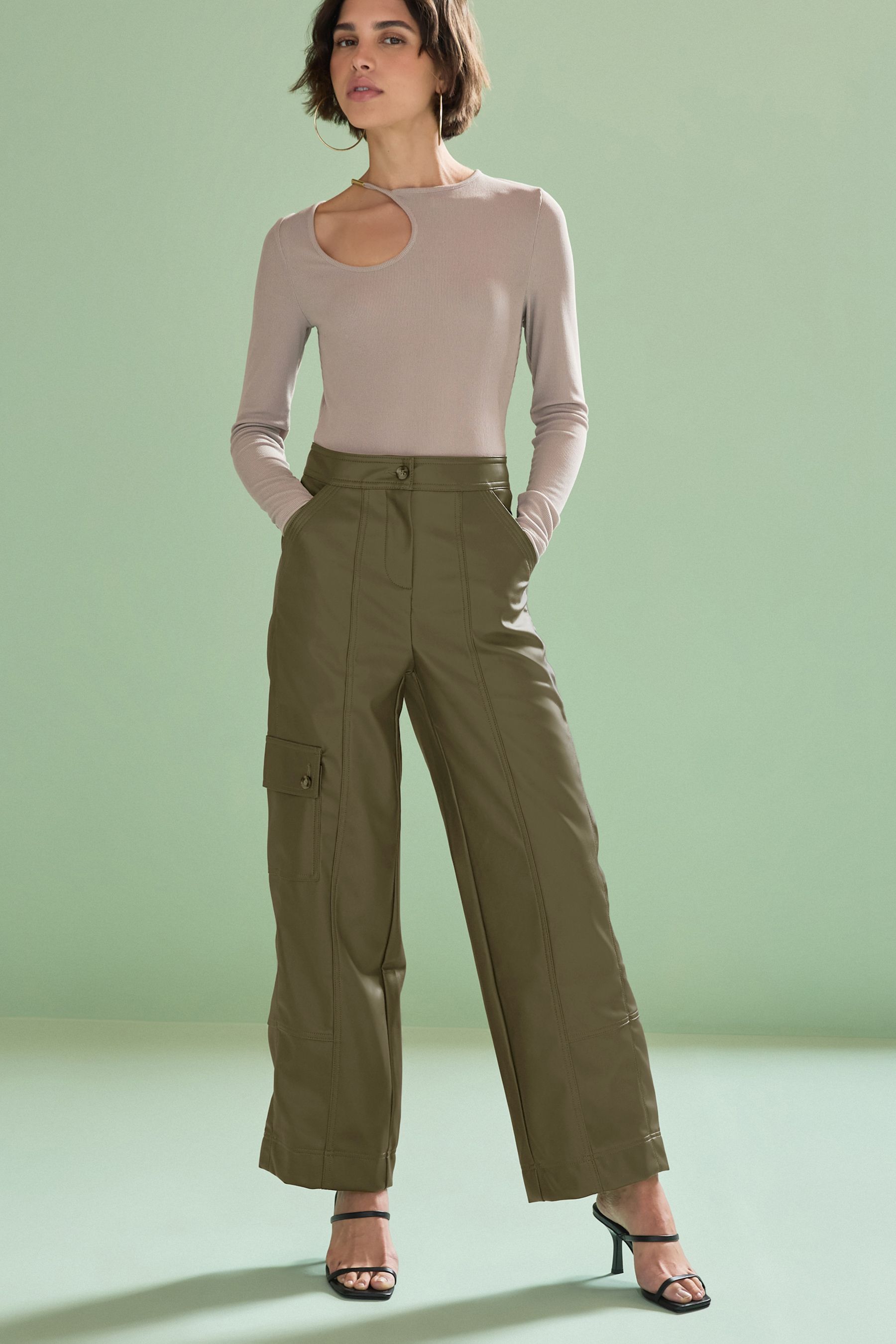Buy Olive Green Faux Leather PU Cargo Trousers from Next Luxembourg