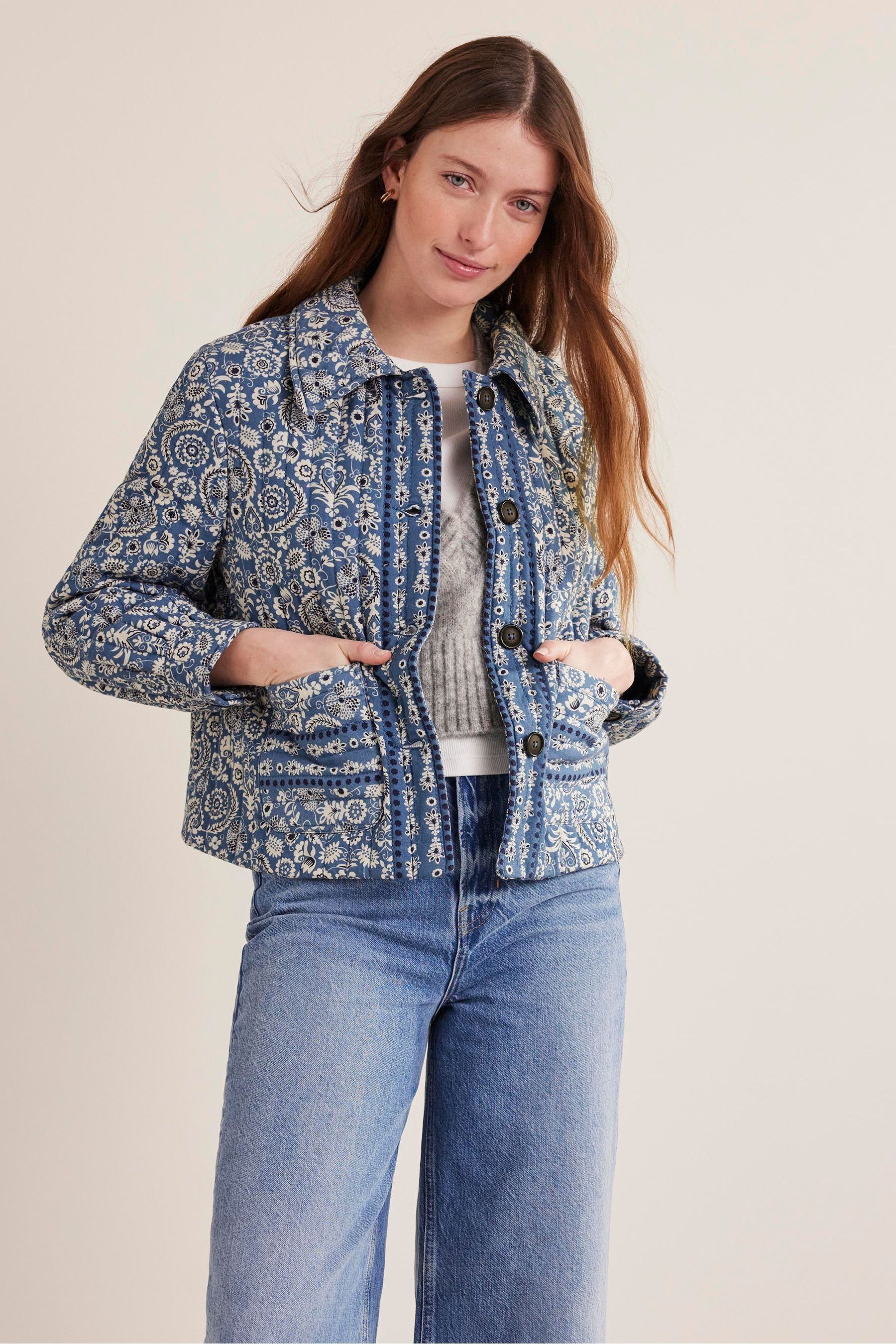 Buy Boden Blue Cotton Linen Printed Quilted Jacket from Next Luxembourg