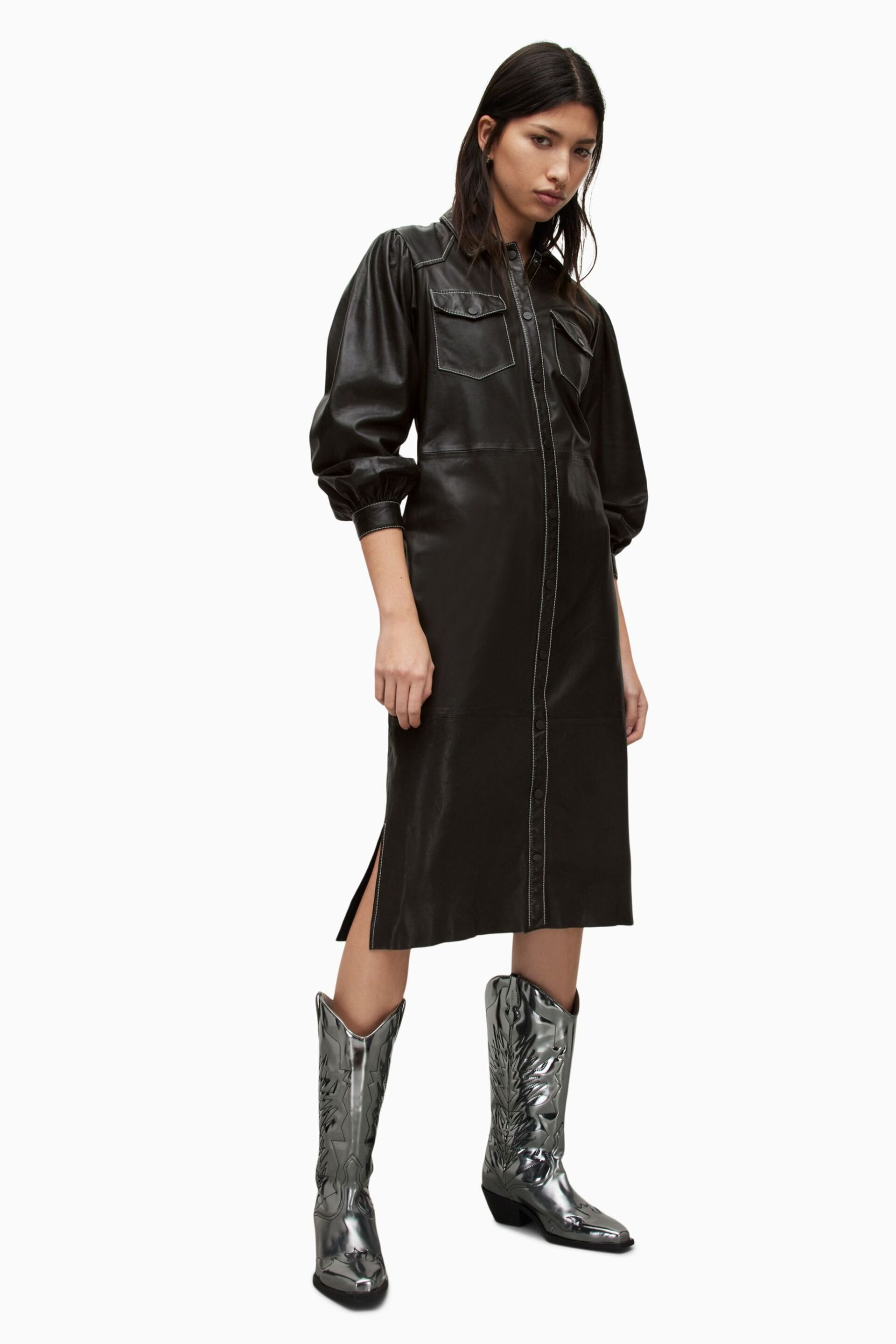 AllSaints Black Ava Lea Shirt Dress - Image 3 of 5