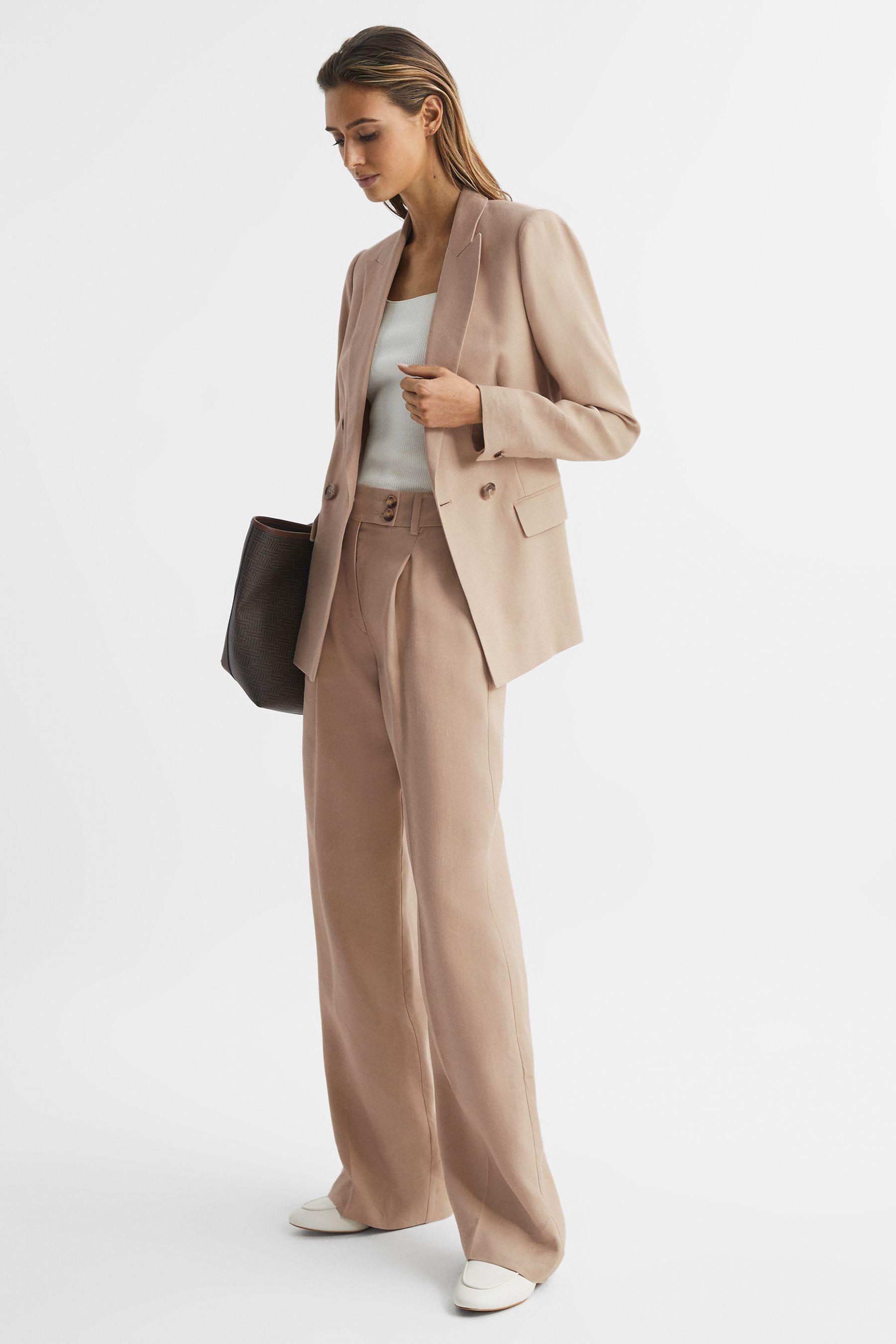 Buy Reiss Neutral Hollie Petite Double Breasted Linen Blazer from Next Luxembourg