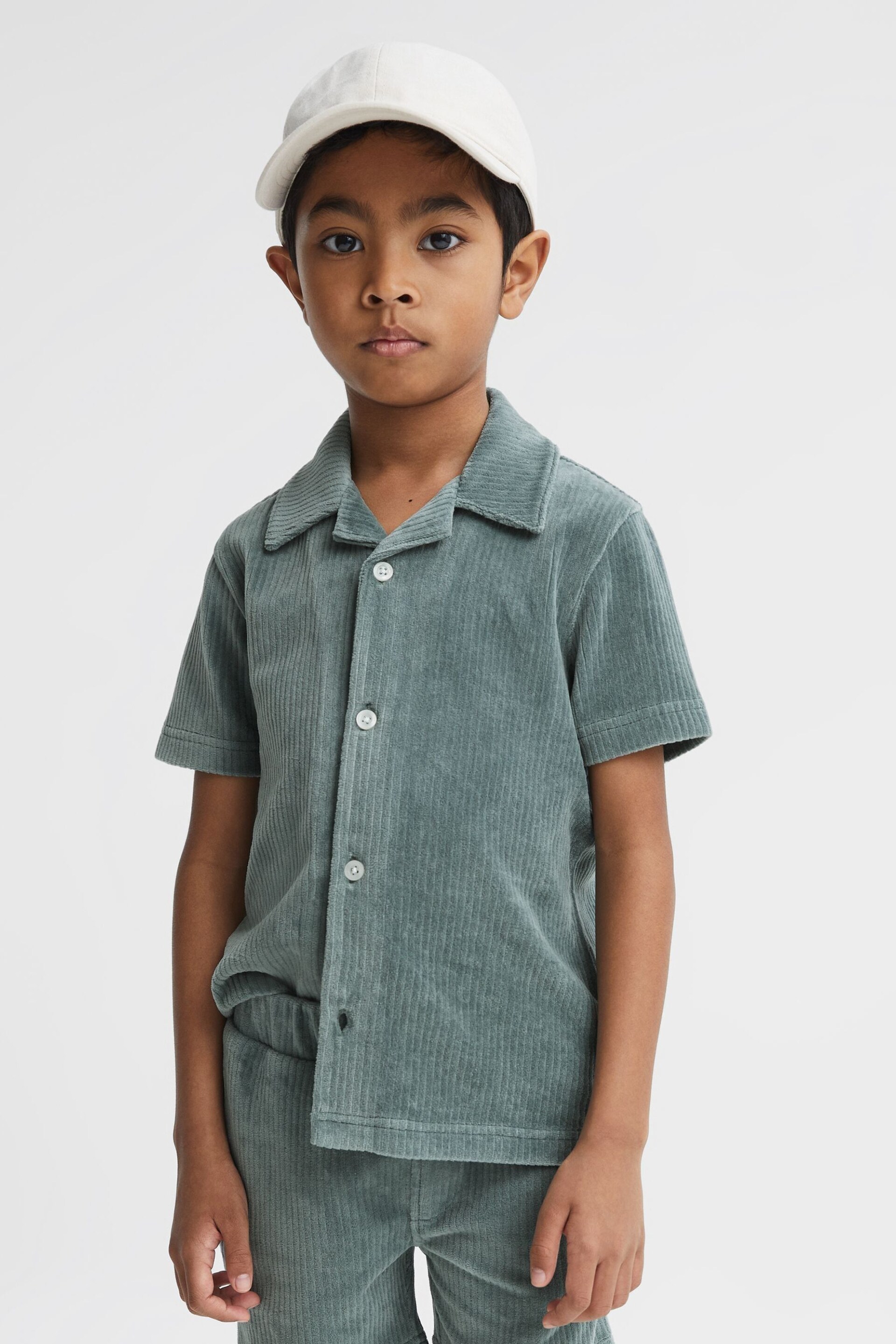 Reiss Sage Santal Junior Cuban Collar Ribbed Textured Shirt - Image 1 of 6