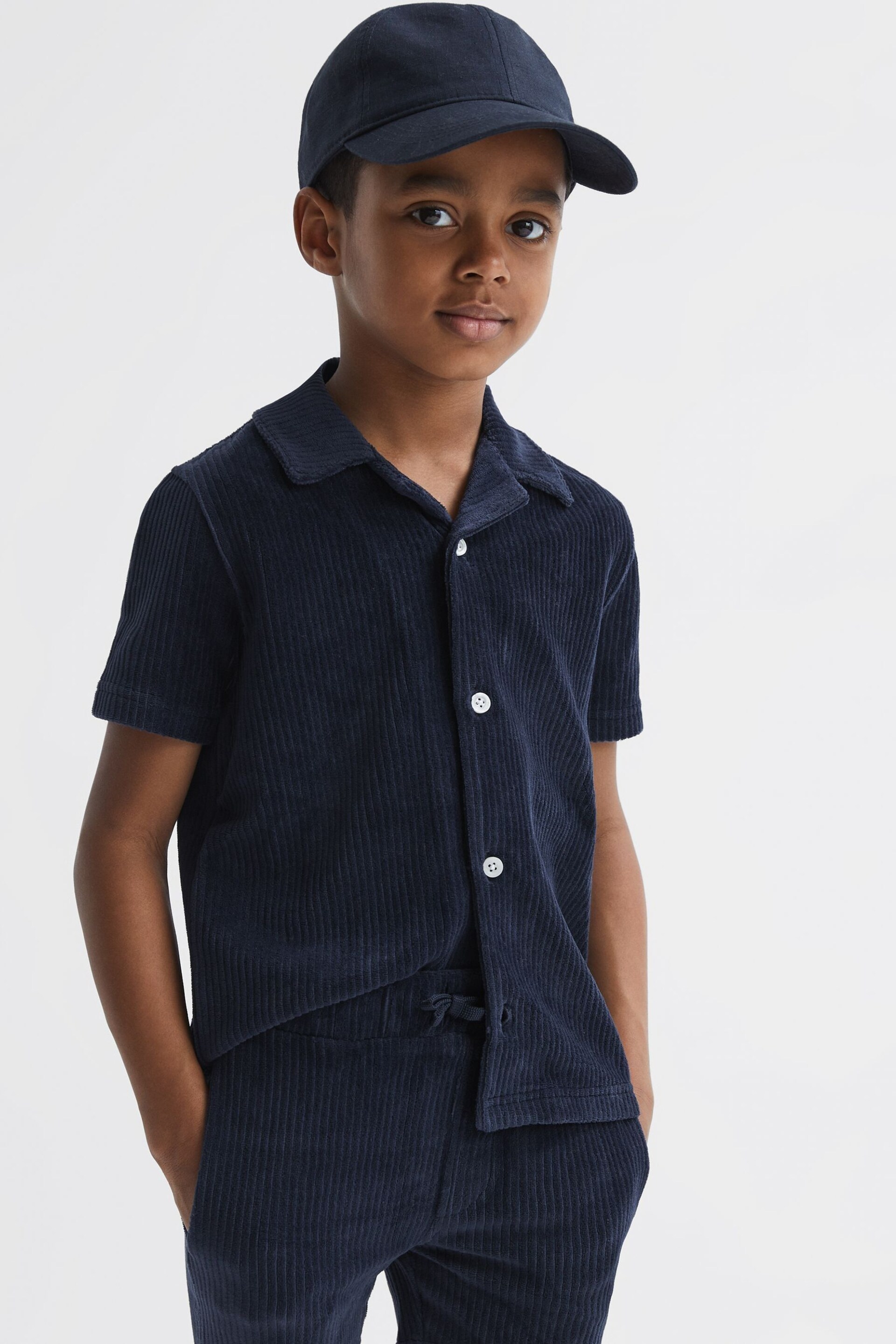 Reiss Navy Santal Junior Cuban Collar Ribbed Textured Shirt - Image 1 of 6